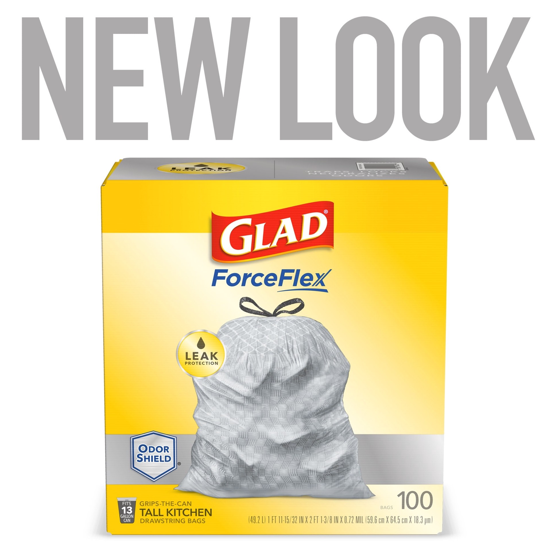 slide 3 of 6, Glad ForceFlex 13.0-Gallon Scent free Gray Indoor Plastic Kitchen Drawstring Trash Bag 100 -Count, 1 ct