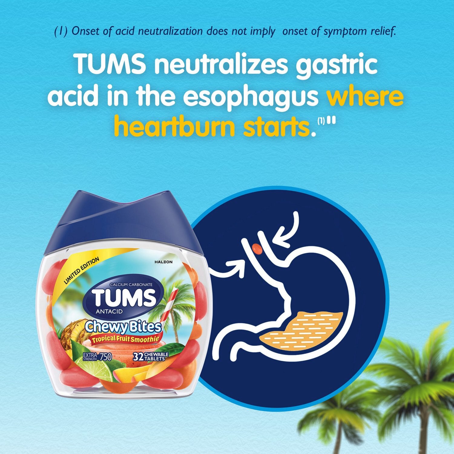 slide 8 of 10, Tums Chewable Antacid Tablets For Heartburn Relief, Tropical Fruit, 32 Ct, 32 ct