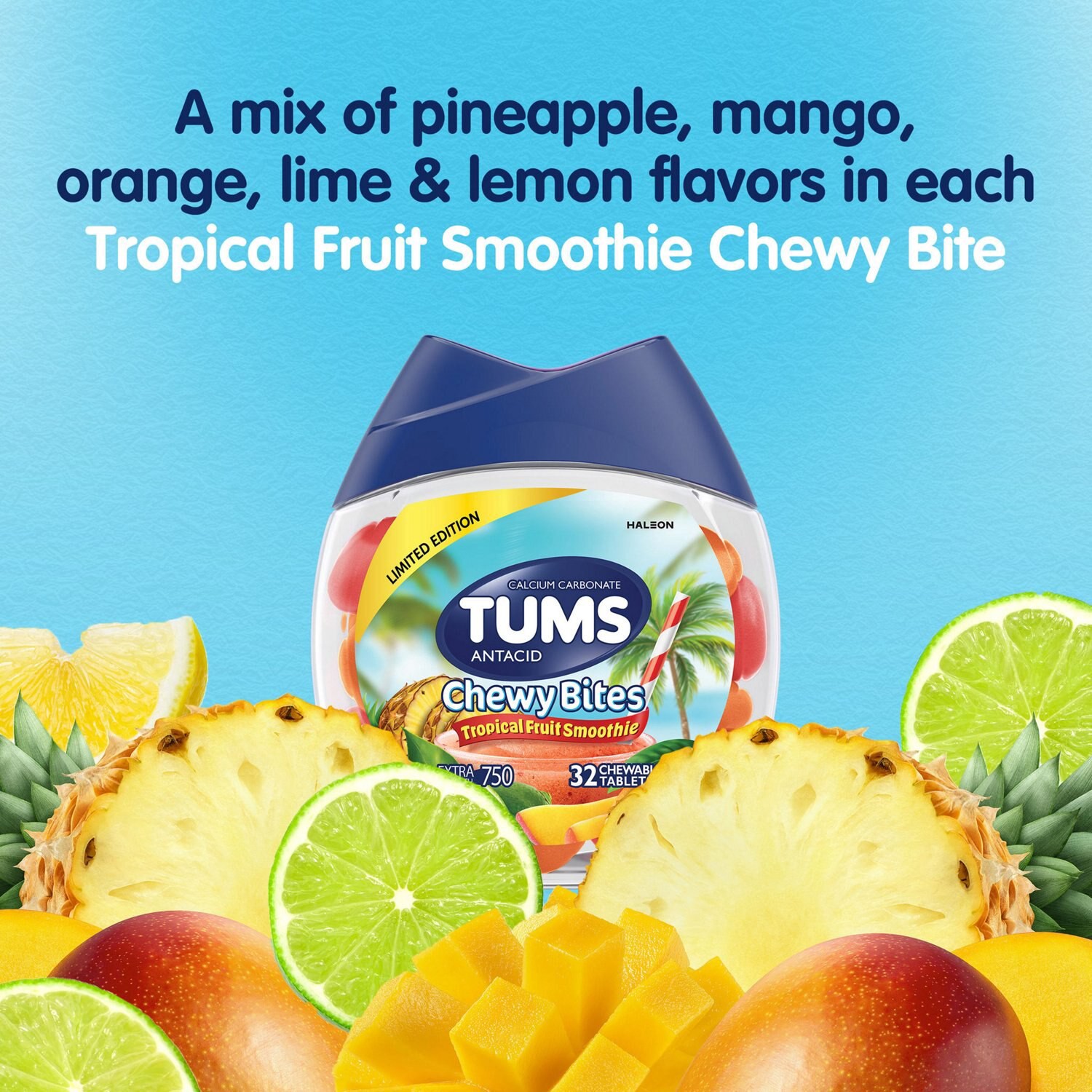 slide 7 of 10, Tums Chewable Antacid Tablets For Heartburn Relief, Tropical Fruit, 32 Ct, 32 ct