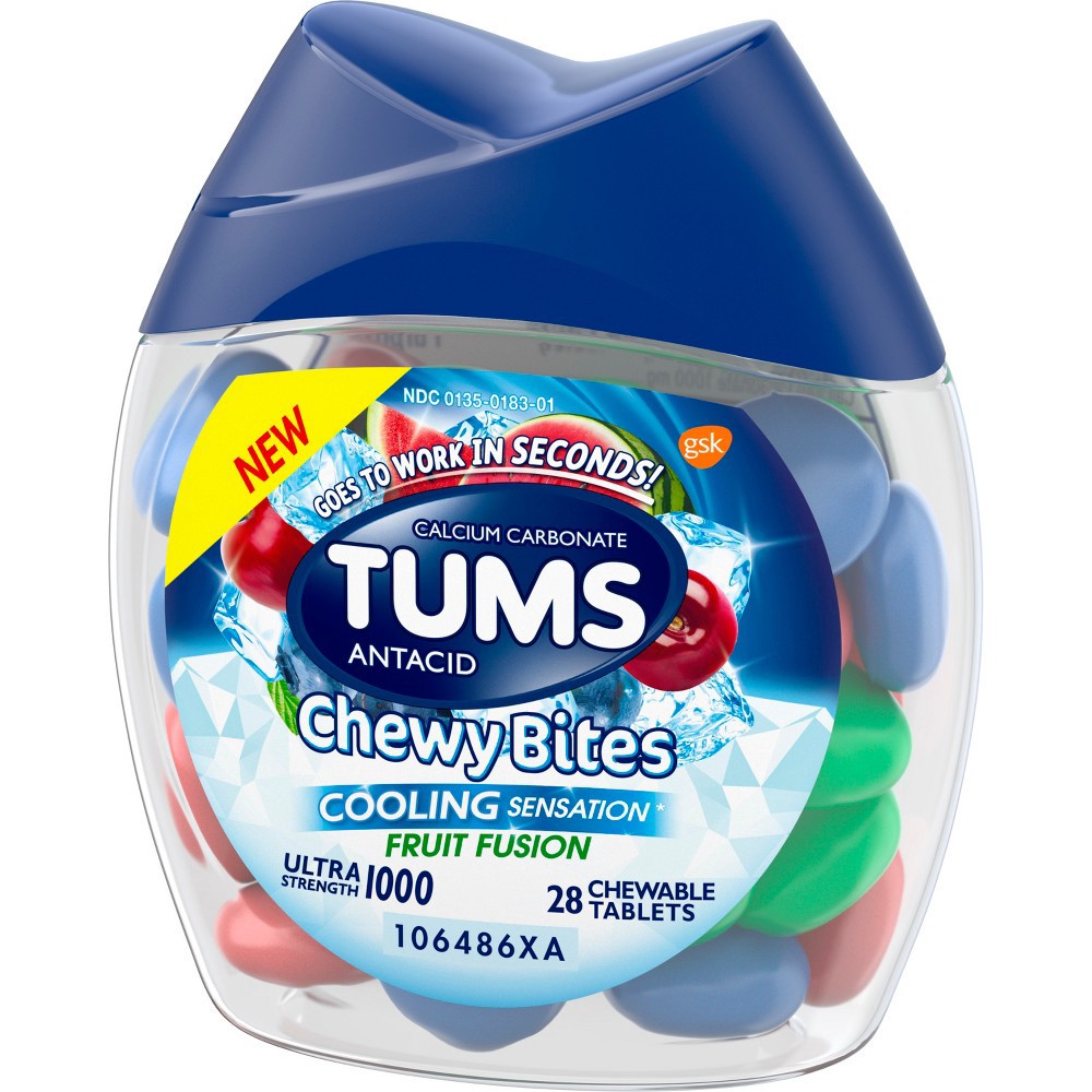 slide 3 of 6, TUMS Chewy Bites Cooling Sensation Antacid Chews for Ultra Strength Heartburn Relief, Fruit Fusion - 28 Count, 28 ct