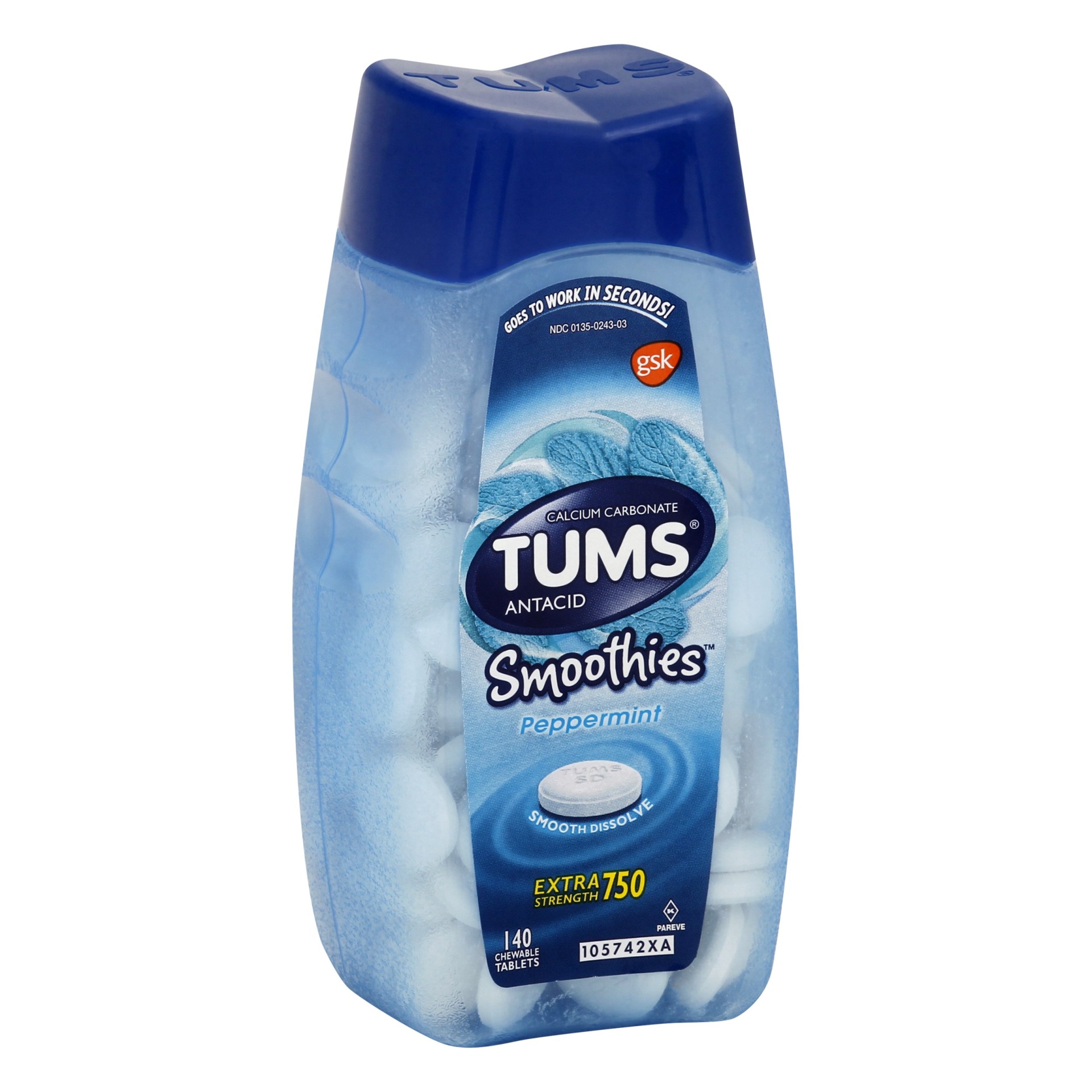 slide 1 of 5, TUMS Extra Strength Antacid Smoothies Peppermint Chewable Tablets, 140 ct