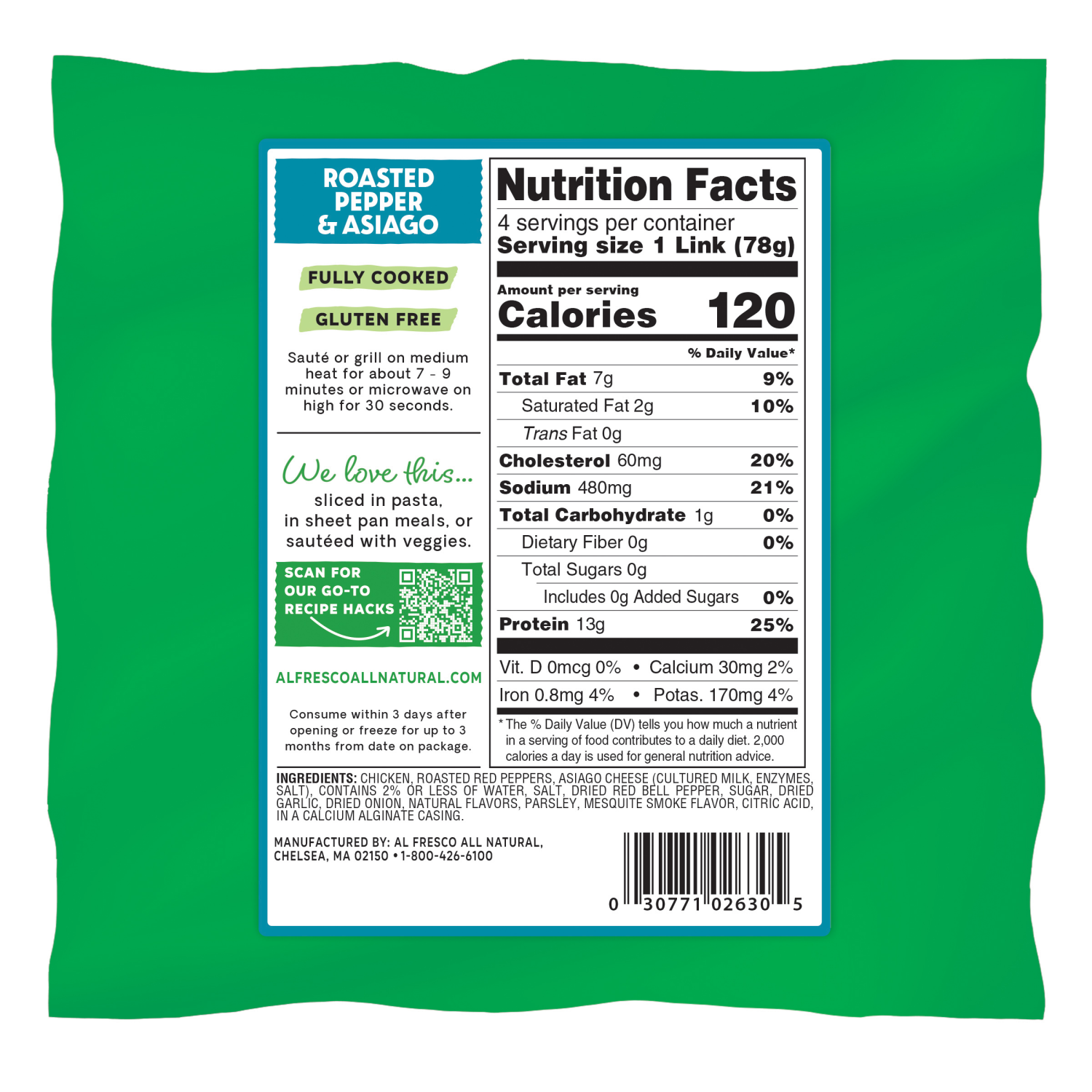 slide 2 of 7, Al Fresco Roasted Pepper & Asiago Chicken Sausage, 11 oz, 11 oz