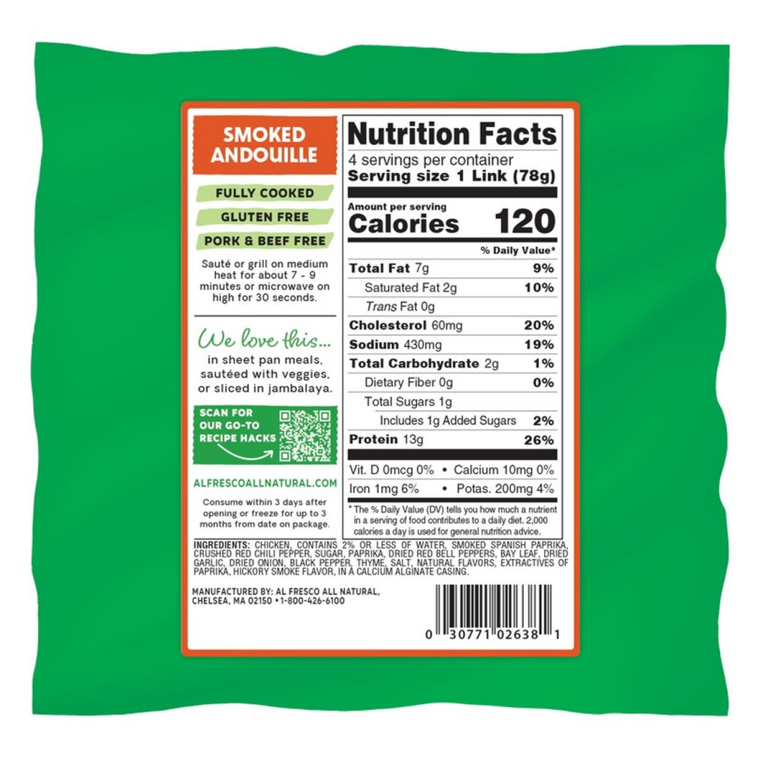 slide 2 of 7, Al Fresco Smoked Andouille Chicken Sausage, 11 oz, 11 oz