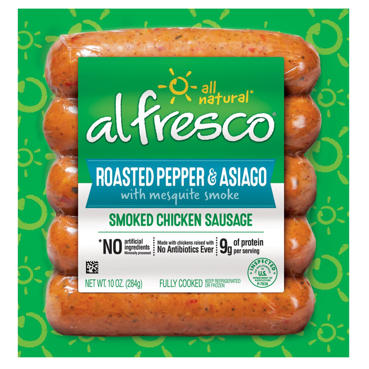 slide 1 of 9, al fresco Roasted Red Pepper & Asiago Smoked Chicken Sausage, 10 oz
