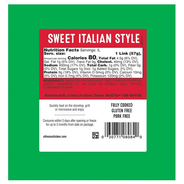 slide 8 of 9, Al Fresco Fully Cooked Sweet Italian Chicken Sausage Skinless 10z, 10 oz