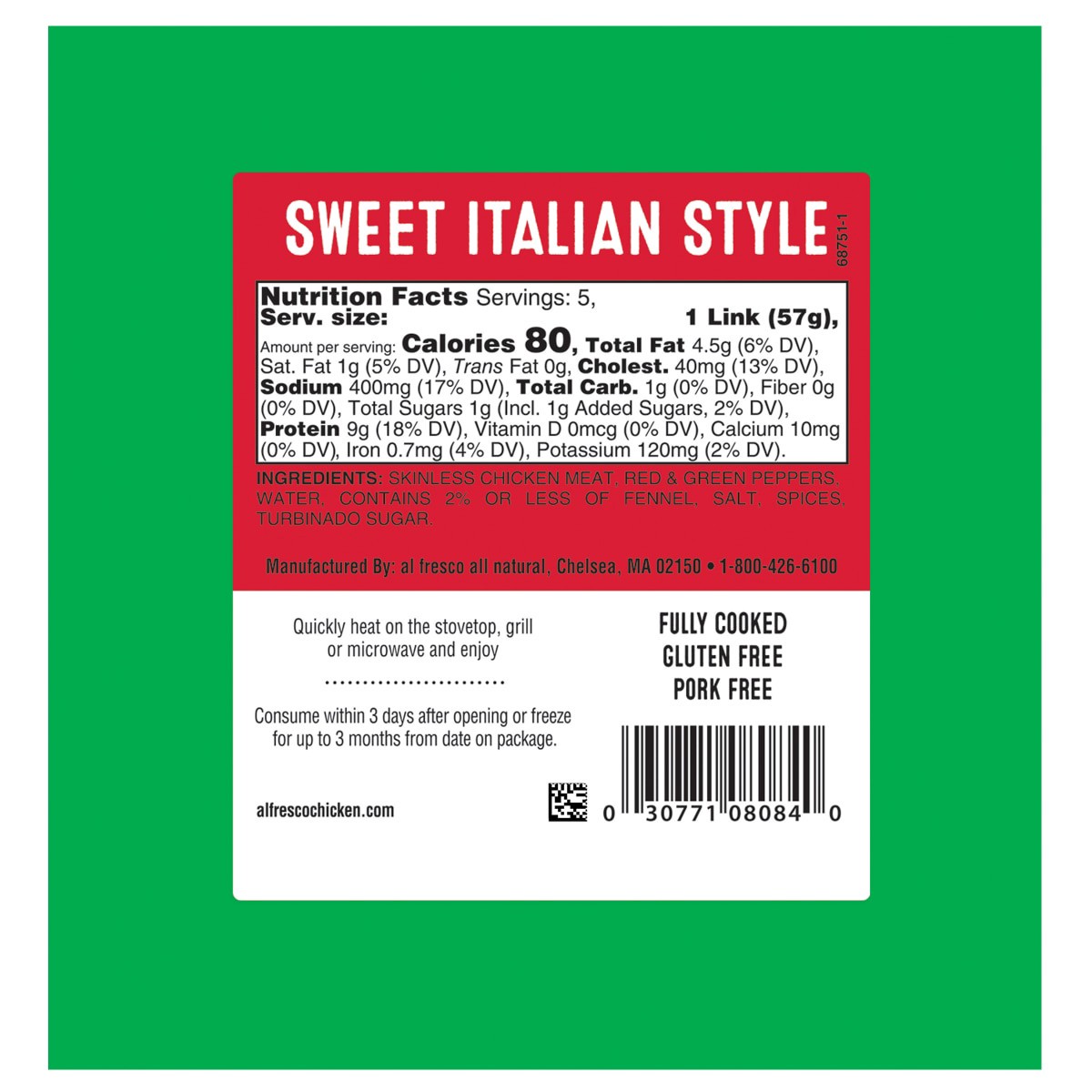 slide 9 of 9, Al Fresco Fully Cooked Sweet Italian Chicken Sausage Skinless 10z, 10 oz