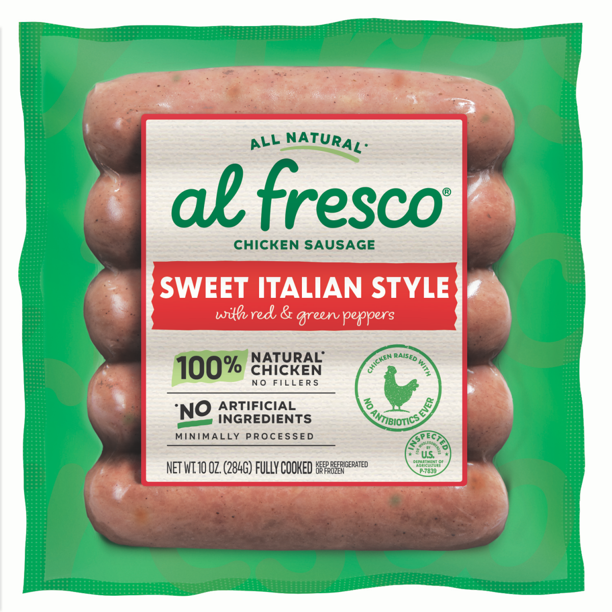 slide 1 of 9, Al Fresco Fully Cooked Sweet Italian Chicken Sausage Skinless 10z, 10 oz