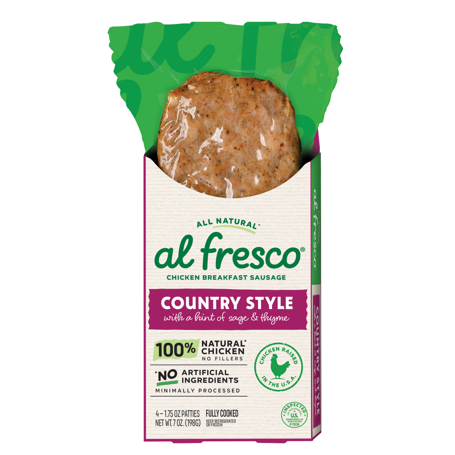 slide 1 of 7, Al Fresco Country Style Chicken Breakfast Sausage Patties, 7 oz, 4 ct