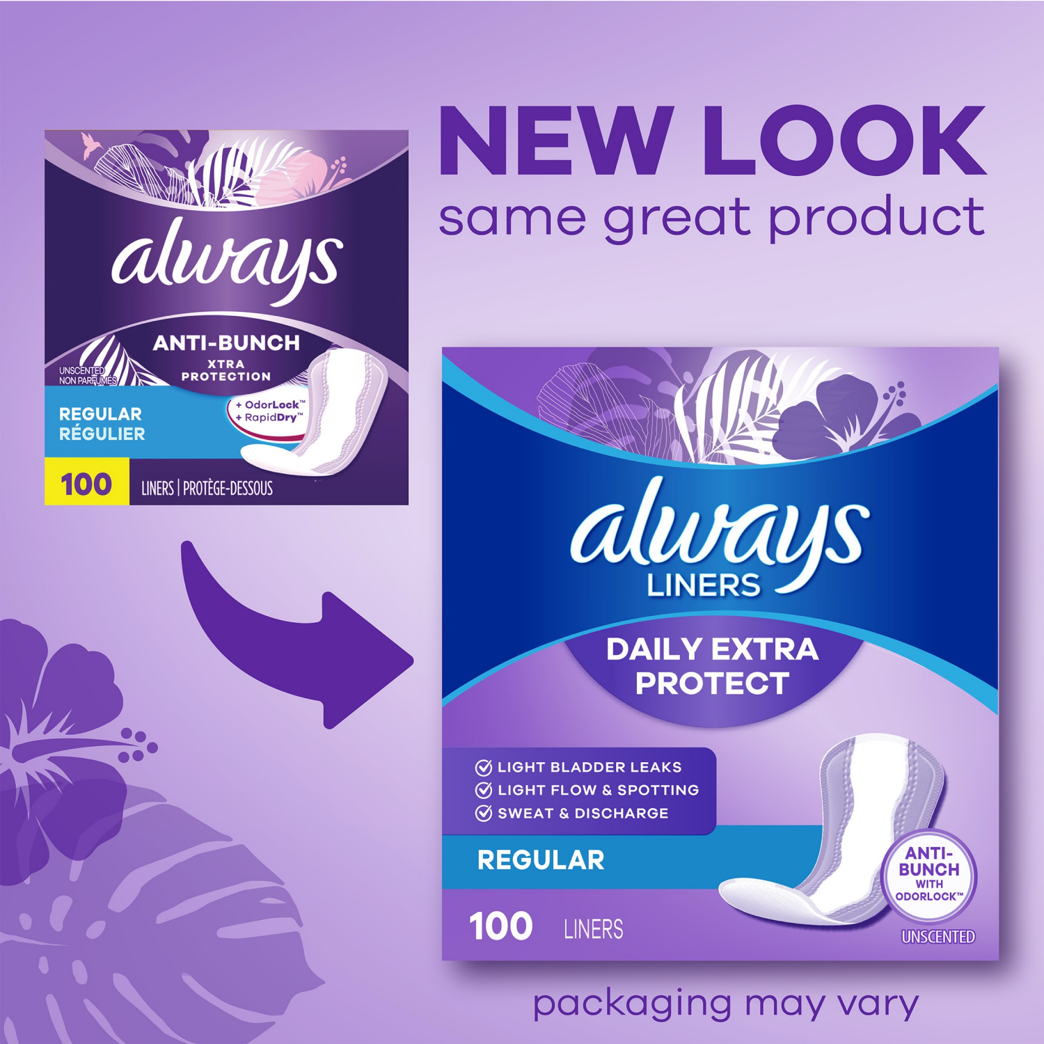slide 4 of 5, Always Daily Extra Protect Liners, Long Length, Unscented Panty Liners, 48 Count, 48 ct