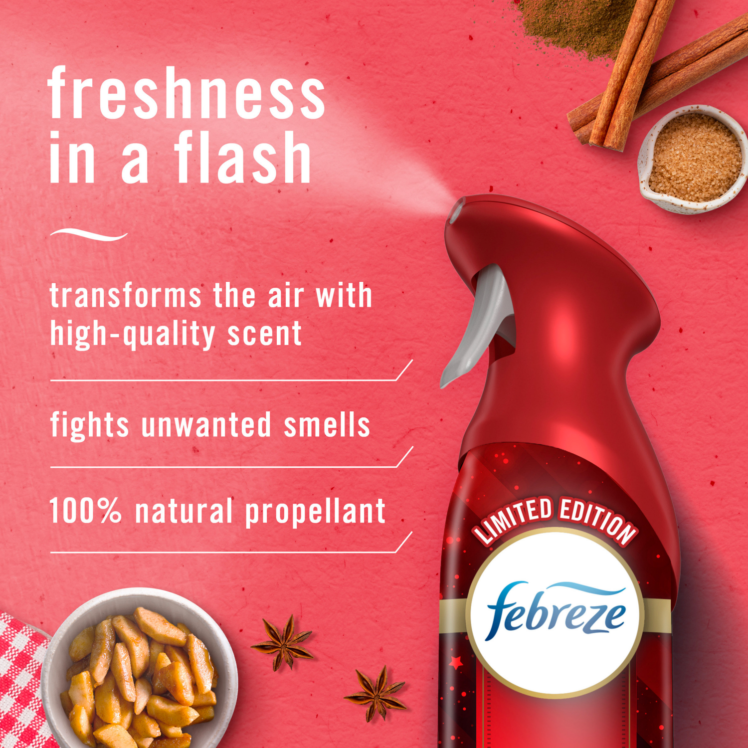 slide 4 of 8, Febreze Air Effects Odor-Eliminating Air Freshener Apple Cider, 8.8 oz. Aerosol Can, Pack of 2, 2 ct