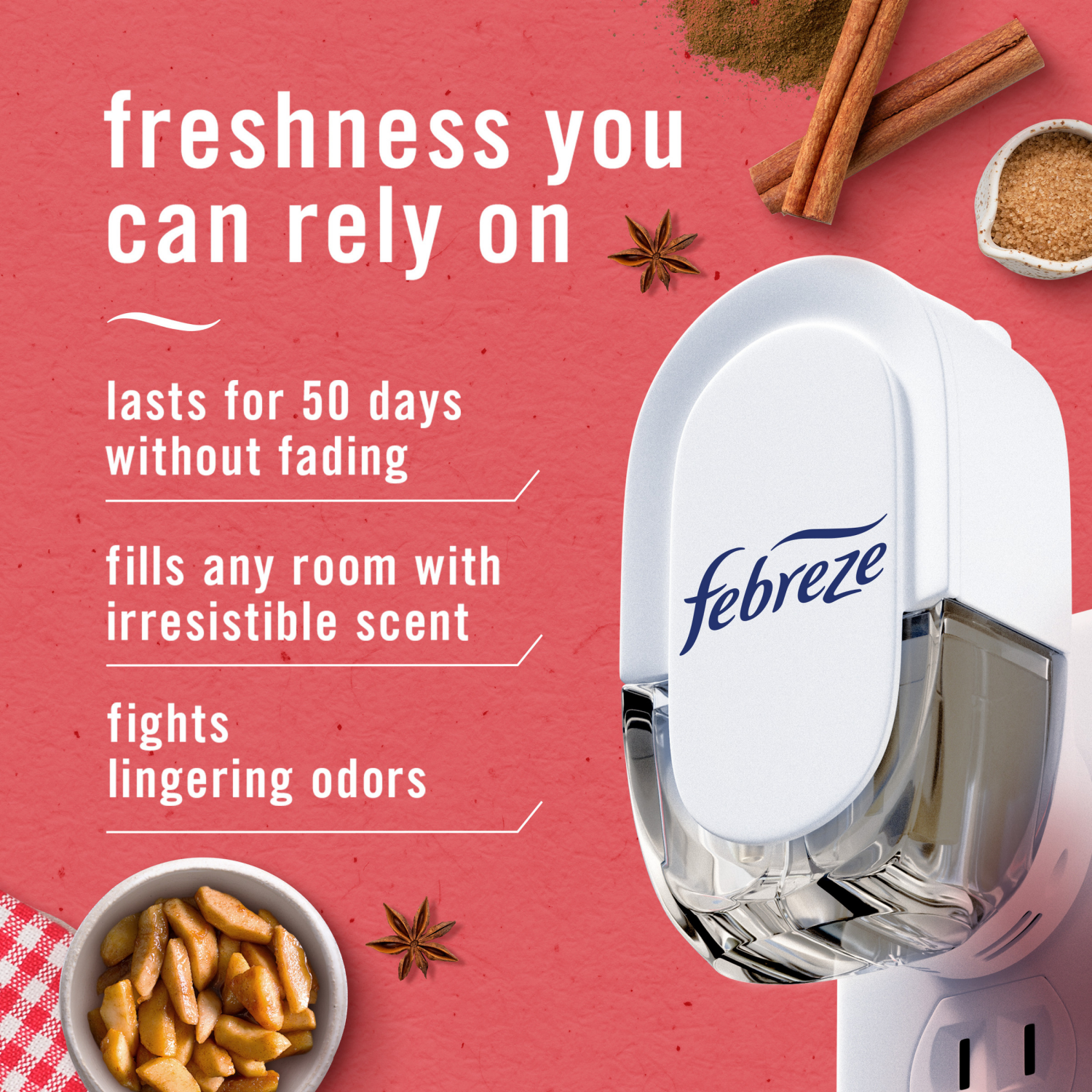 slide 6 of 8, Febreze Odor-Fighting Fade Defy PLUG Air Freshener Baked Cinnamon Apples, .87 fl. oz. Oil Refill, 2 Count, 2 ct