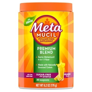 slide 1 of 1, Metamucil Premium Blend, Daily Psyllium Fiber Powder Supplement, Orange, 30 Servings, 6.2 oz