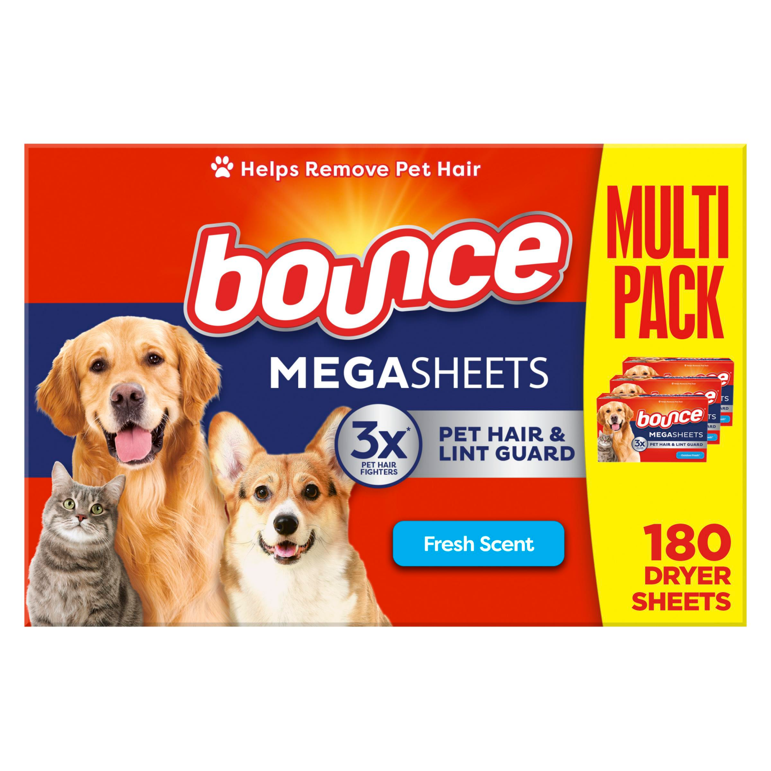 slide 1 of 5, Bounce Pet Hair and Lint Guard Mega Dryer Sheets with 3X Pet Hair Fighters, Fresh Scent, 180 Count, 180 ct