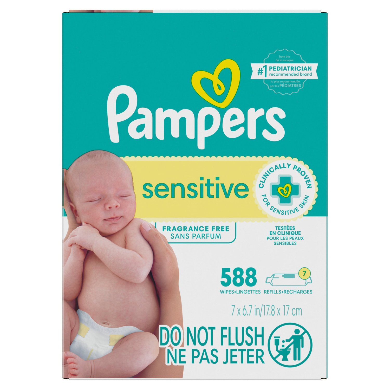 slide 3 of 8, Pampers Sensitive Baby Wipes, Clinically Proven, Water Based, Hypoallergenic and Unscented Baby Wipes, 588 Baby Wipes Total (7X Flip-Top Packs), 588 ea