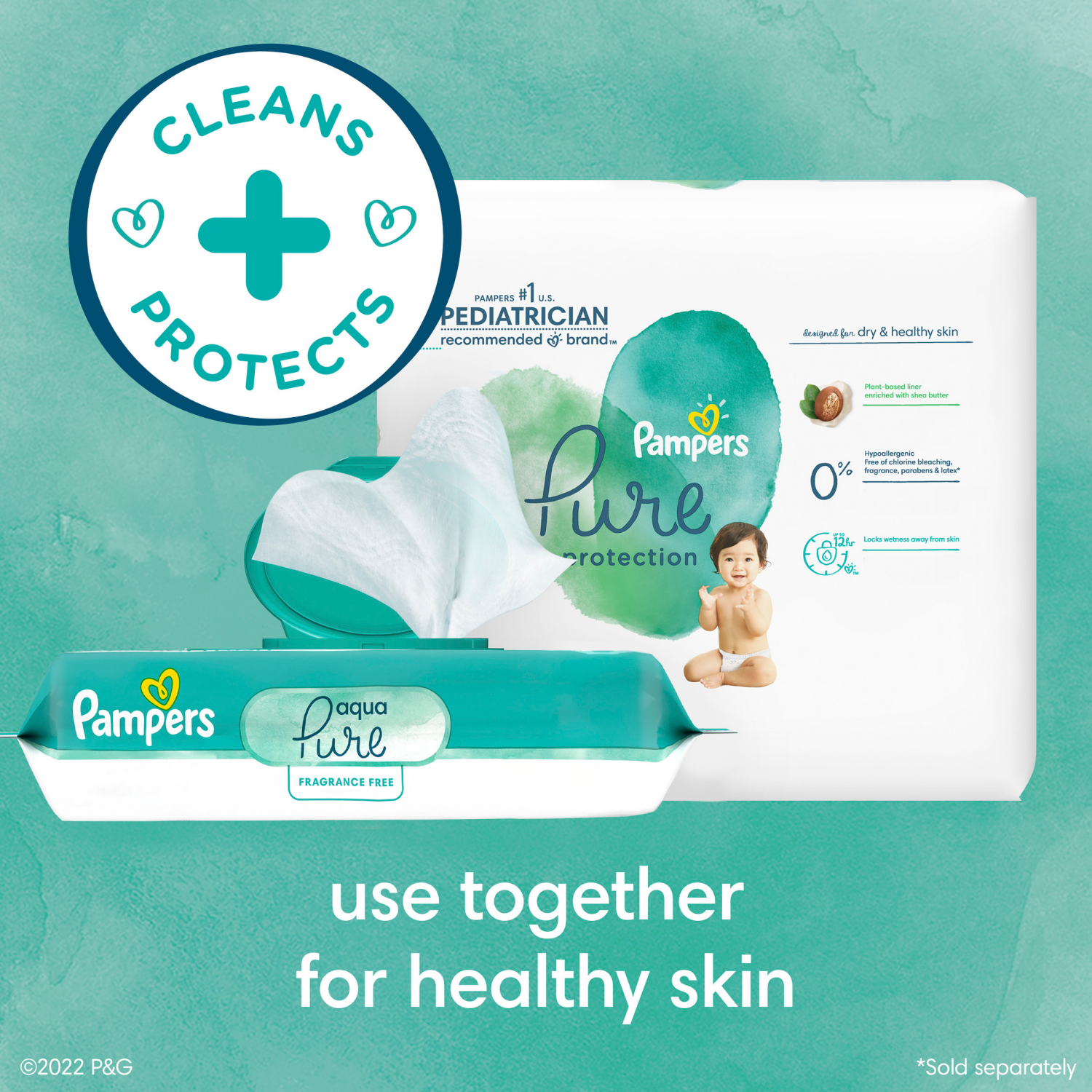 slide 3 of 5, Pampers Aqua Pure Sensitive Baby Wipes, 99% Water, Hypoallergenic, Unscented Baby Wipes, 672 Baby Wipes Total (12X Flip-Top Packs), 12 ct