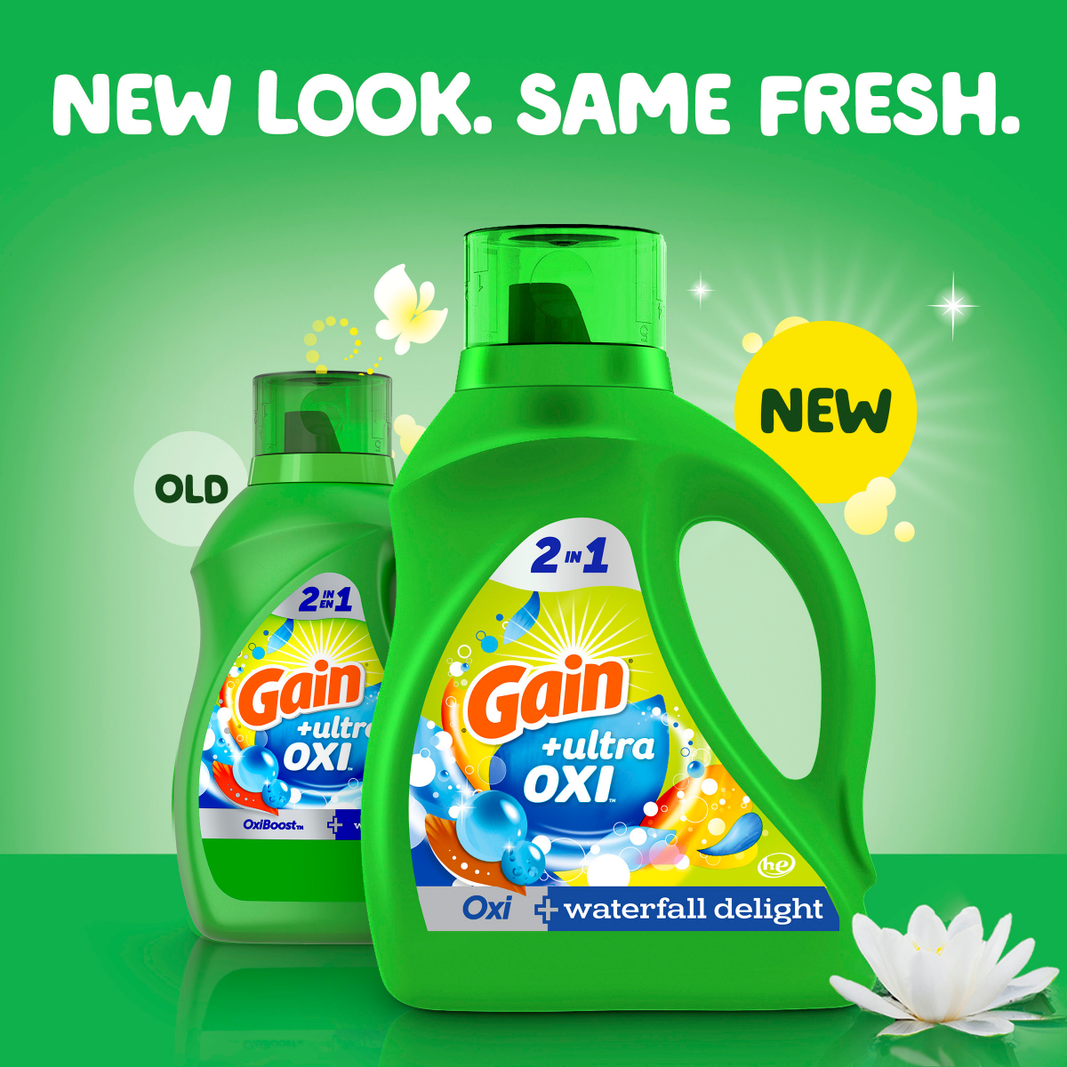 slide 4 of 5, Gain +Ultra Oxi 2 in 1 OxiBoost + Waterfall Delight Detergent 1.2 gal, 1.2 gal