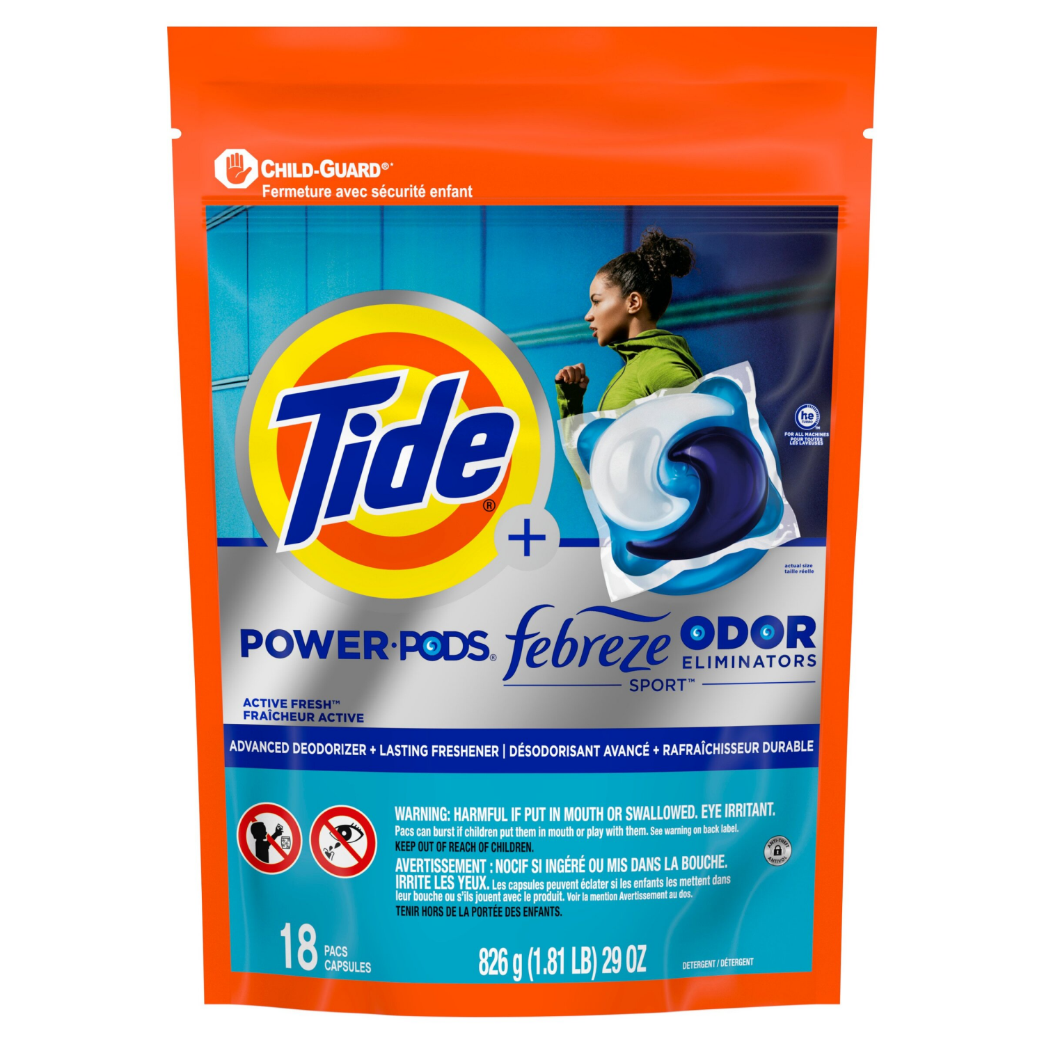 slide 6 of 8, Tide Power Pods Sport Laundry Detergent Pacs, 18 Count, Advanced Sweat + Stain Fighter, laundry soap detergent pacs, 18 ct