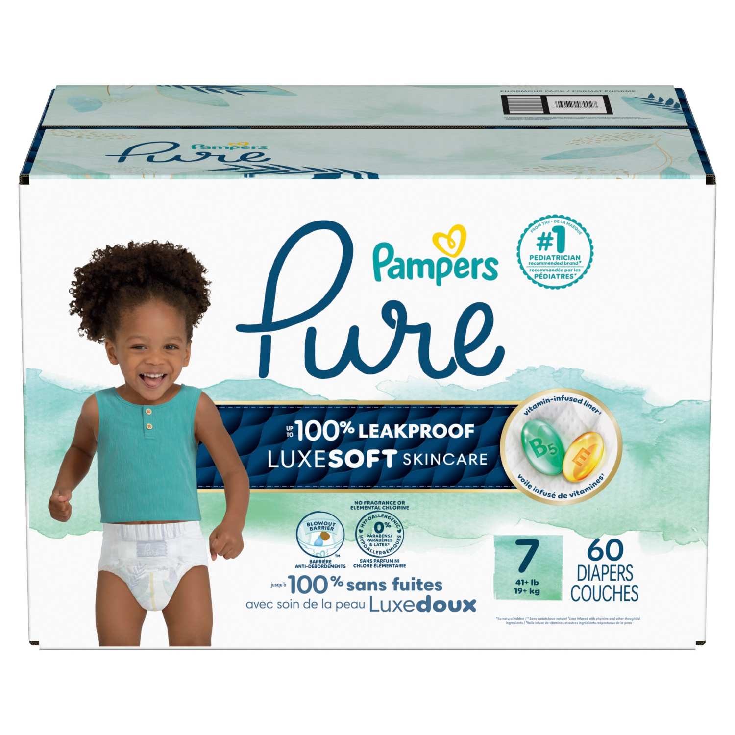 slide 3 of 8, Pampers Pure Baby Diapers, Size 7 (41+ lbs), 60 count, Up to 100% Leakproof, Premium Hypoallergenic Soft Diapers, 60 ct