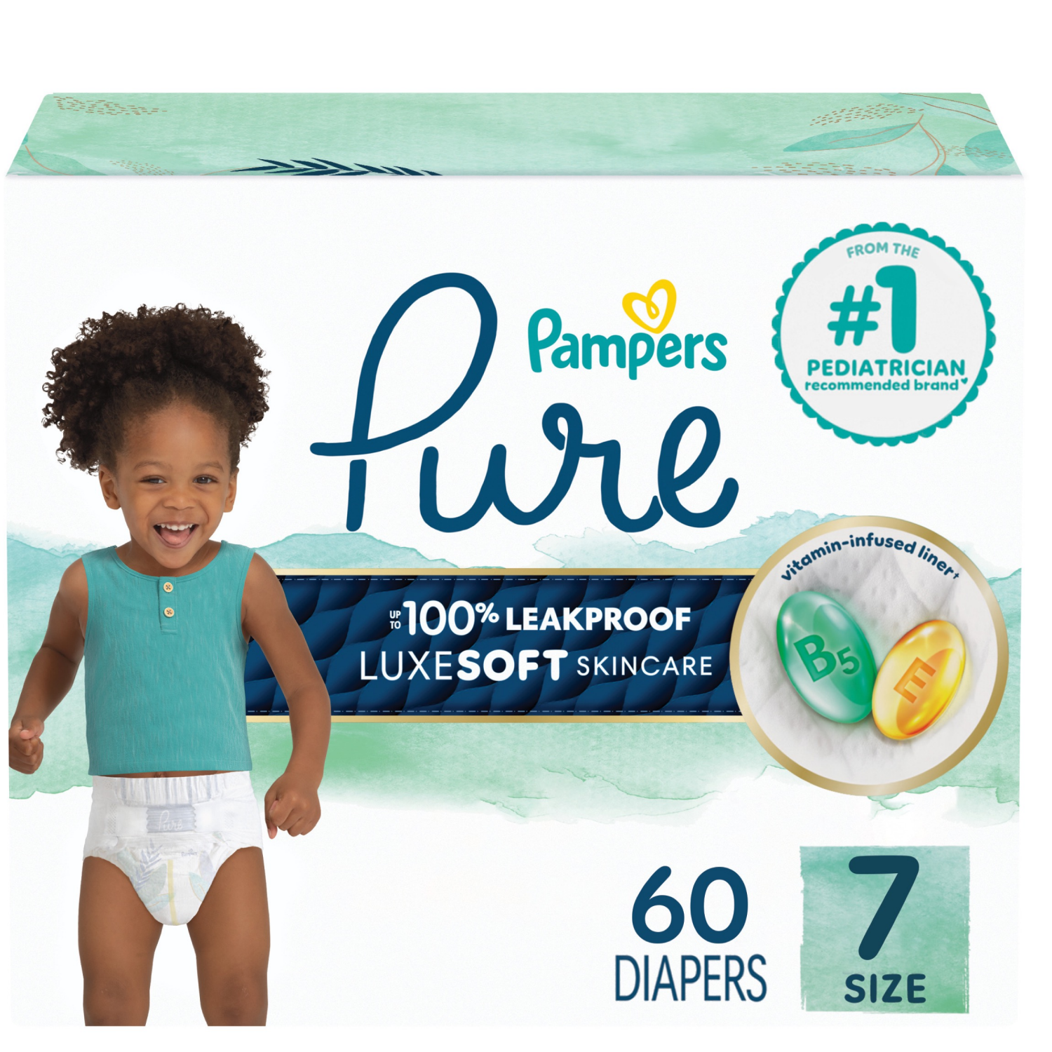 slide 1 of 5, Pampers Pure Baby Diapers, Size 7 (41+ lbs), 60 count, Up to 100% Leakproof, Premium Hypoallergenic Soft Diapers, 60 ct