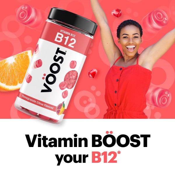 slide 4 of 29, VOOST VÖOST, Vitamin B12 Gummies, Supplement with 500mcg Vitamin B12 for Energy Support at the Cellular Level*, Adult Chewable Vitamin, Pomegranate Citrus Flavored, 30 Day Supply, 90 ct
