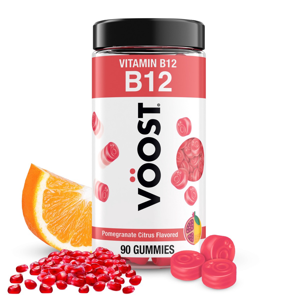 slide 1 of 29, VOOST VÖOST, Vitamin B12 Gummies, Supplement with 500mcg Vitamin B12 for Energy Support at the Cellular Level*, Adult Chewable Vitamin, Pomegranate Citrus Flavored, 30 Day Supply, 90 ct