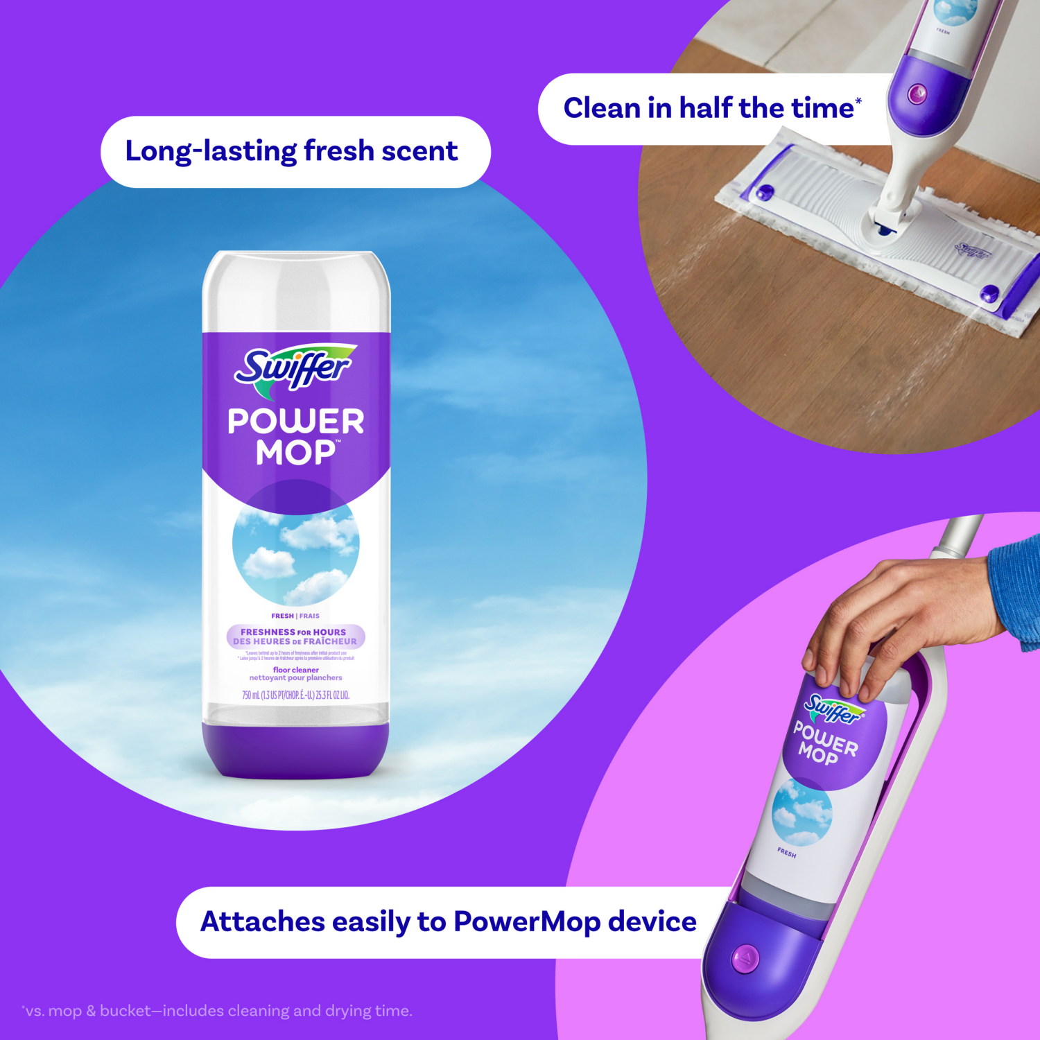 slide 6 of 8, Swiffer Power Mop Refill Solution, Tile, Vinyl, Laminate, Wood, Floor Cleaner, Fresh, 25.3oz, 1.3 pt