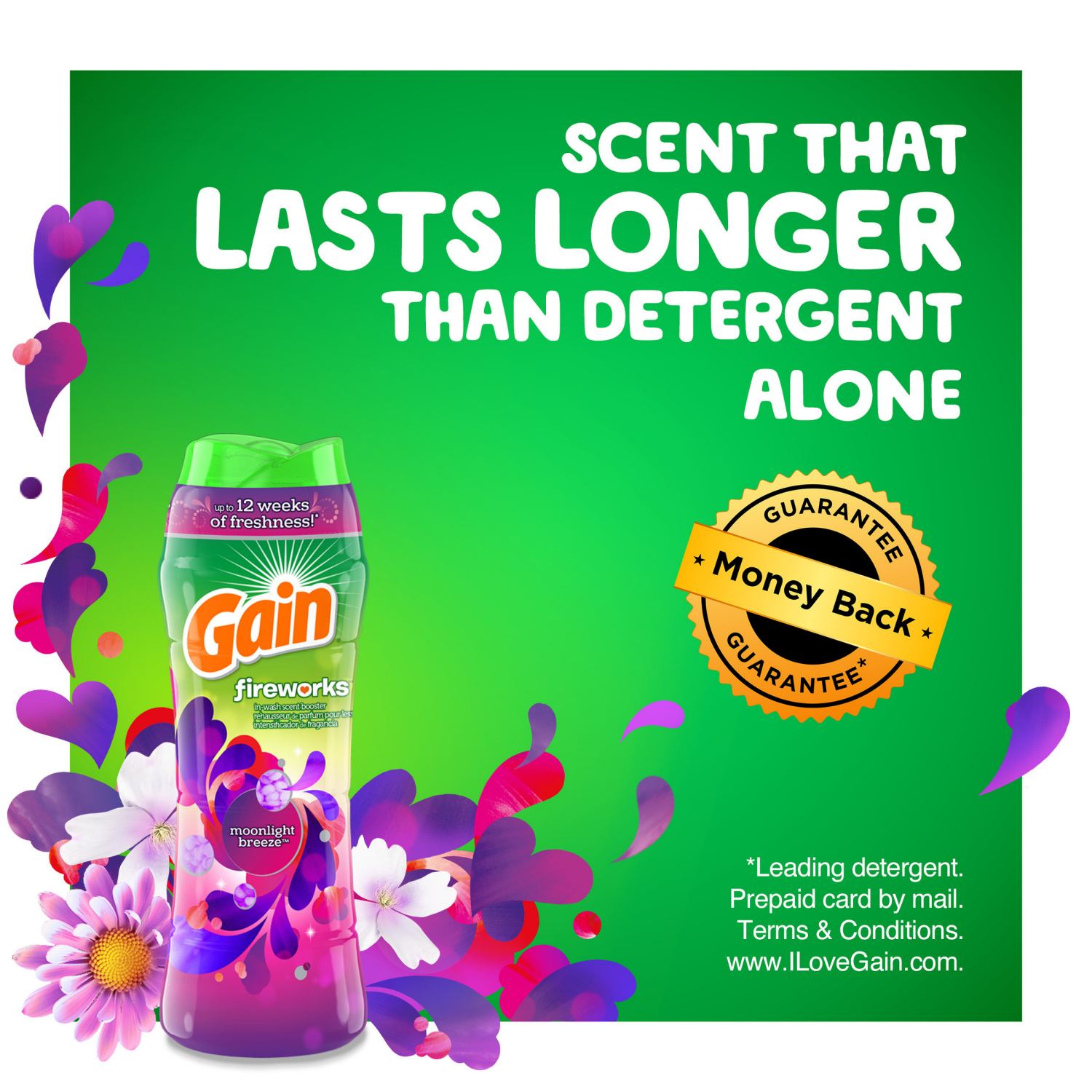 slide 2 of 5, Gain In-Wash Laundry Scent Booster, Moonlight Breeze Scent, 18.2 OZ, Fresh Extender + Odor Protection, 1.1 lb