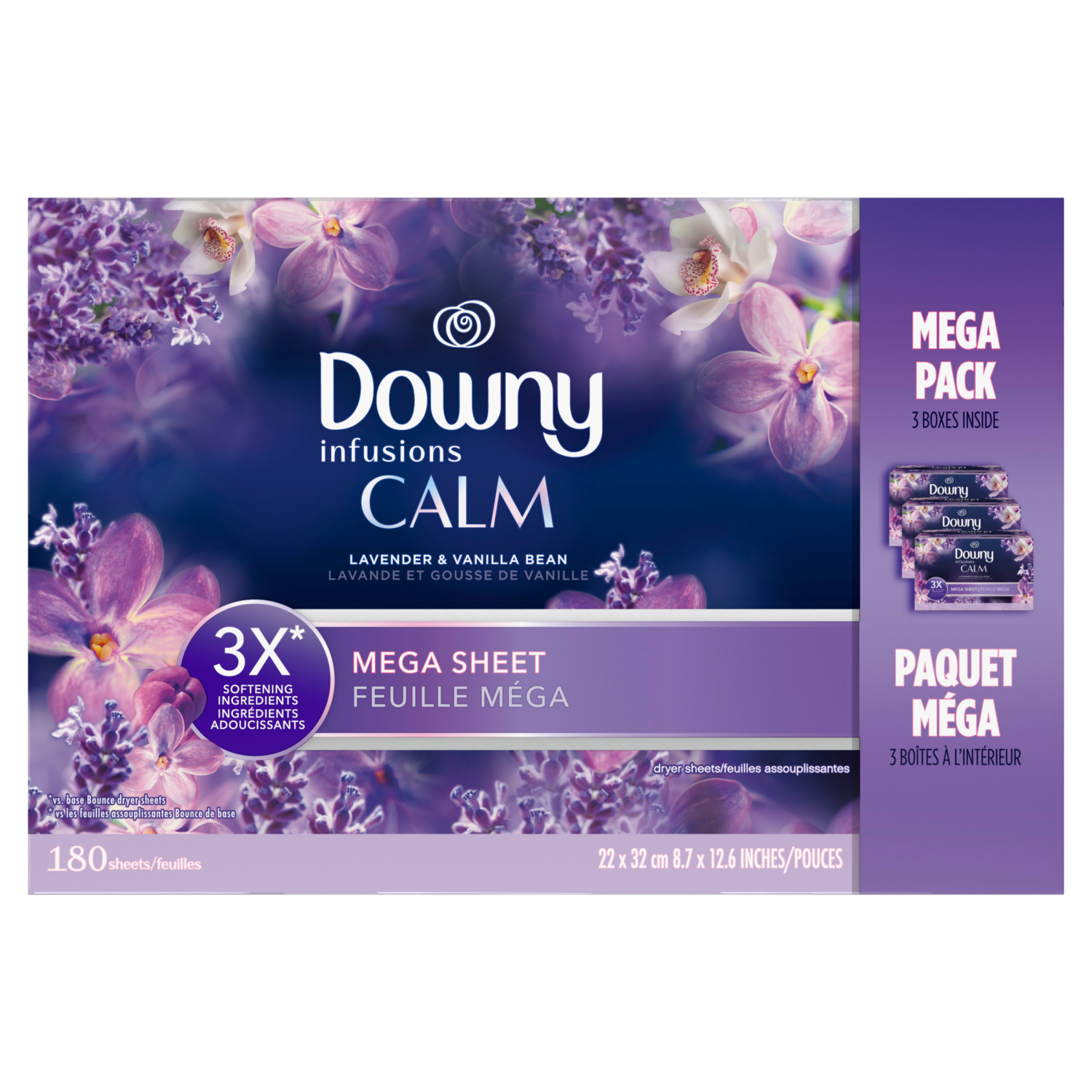 slide 2 of 8, Downy CALM, Mega Dryer Sheets, Laundry Fabric Softener, Lavender and Vanilla Bean, 180 Count, 180 ct