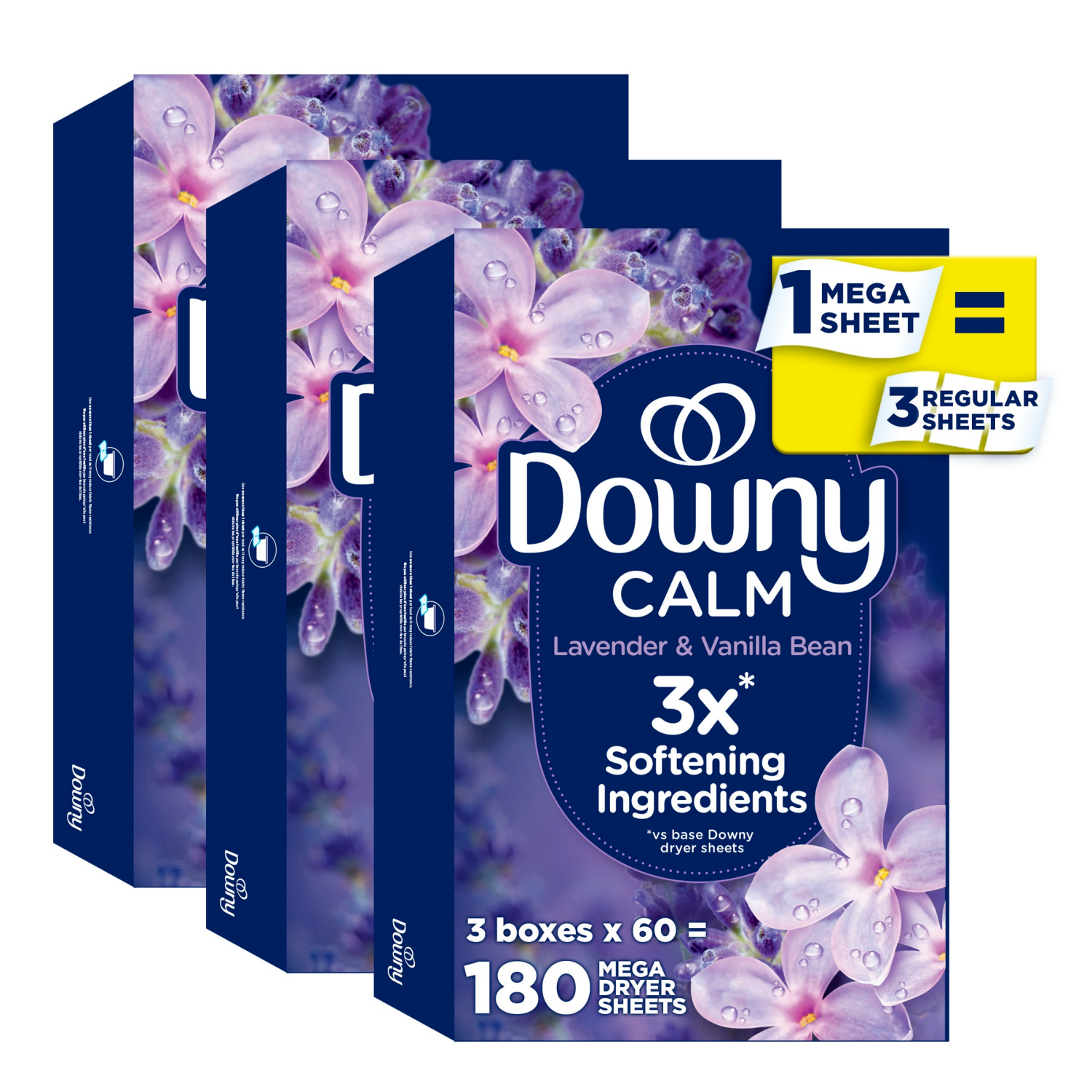 slide 6 of 8, Downy CALM, Mega Dryer Sheets, Laundry Fabric Softener, Lavender and Vanilla Bean, 180 Count, 180 ct