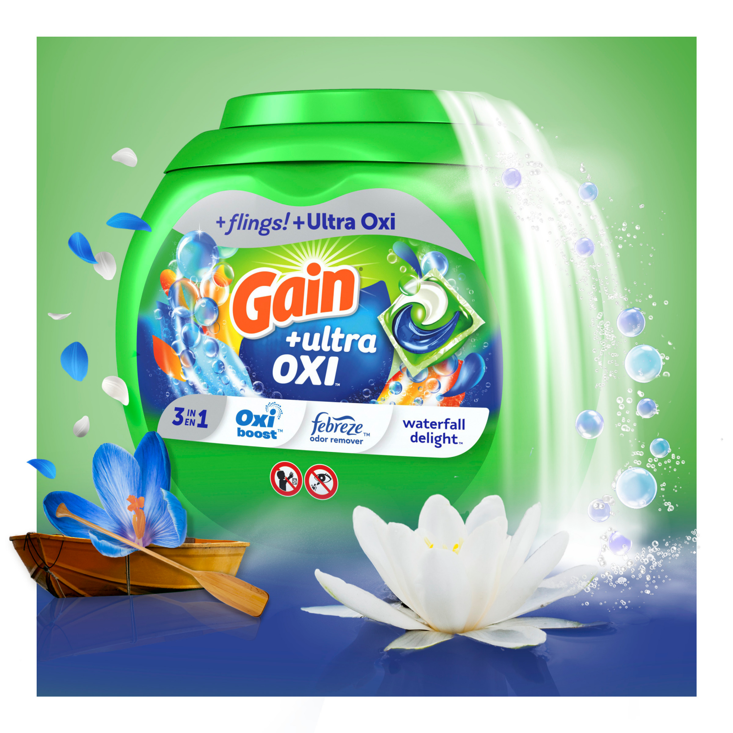 slide 3 of 5, Gain flings Ultra Oxi Laundry Detergent Pacs, 31 Count, Waterfall Delight Scent, 3-in-1, HE Compatible, 1.37 lb
