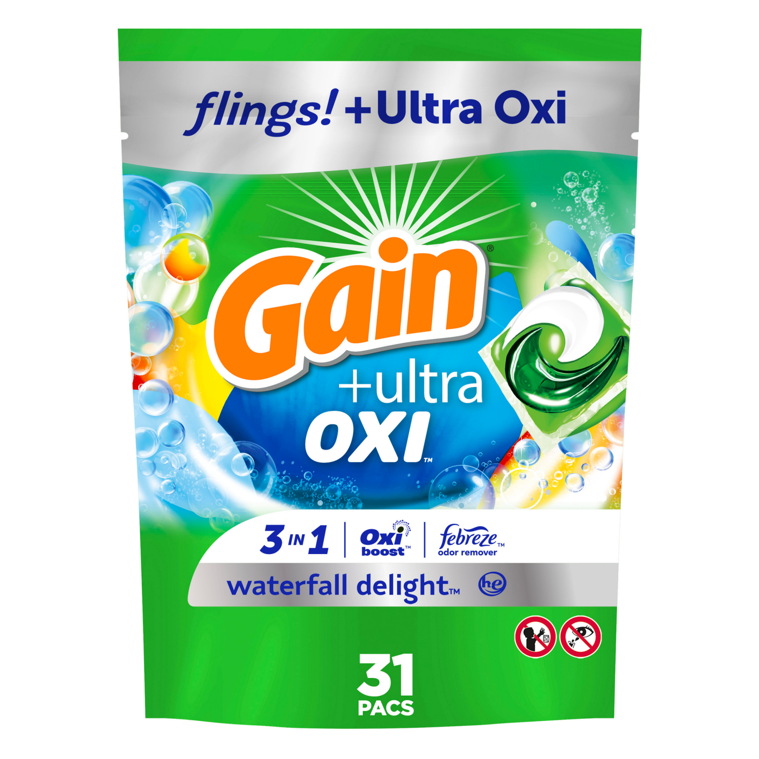 slide 1 of 5, Gain flings Ultra Oxi Laundry Detergent Pacs, 31 Count, Waterfall Delight Scent, 3-in-1, HE Compatible, 1.37 lb