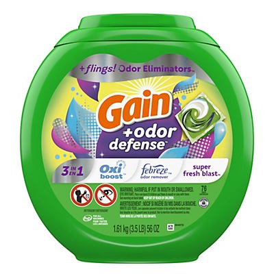 slide 1 of 1, Gain Flings! Odor Defense Super Fresh Blast HE Laundry Detergent Pacs, 76 ct