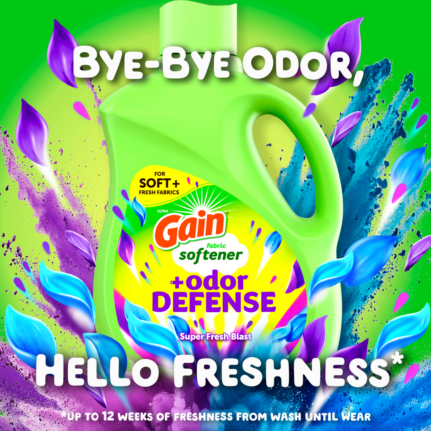 slide 4 of 8, Gain + Odor Defense Liquid Fabric Softener, Super Fresh Blast Scent, 100 Loads, HE Compatible, 100 fl oz