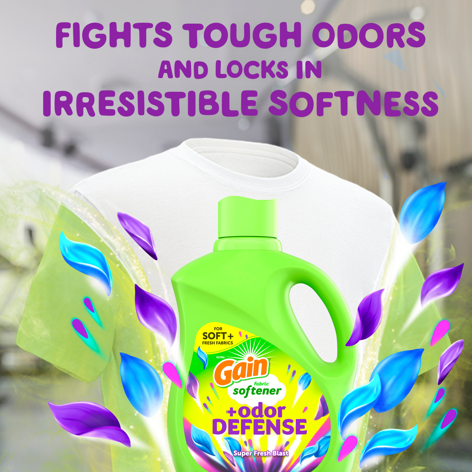 slide 7 of 8, Gain + Odor Defense Liquid Fabric Softener, Super Fresh Blast Scent, 100 Loads, HE Compatible, 100 fl oz