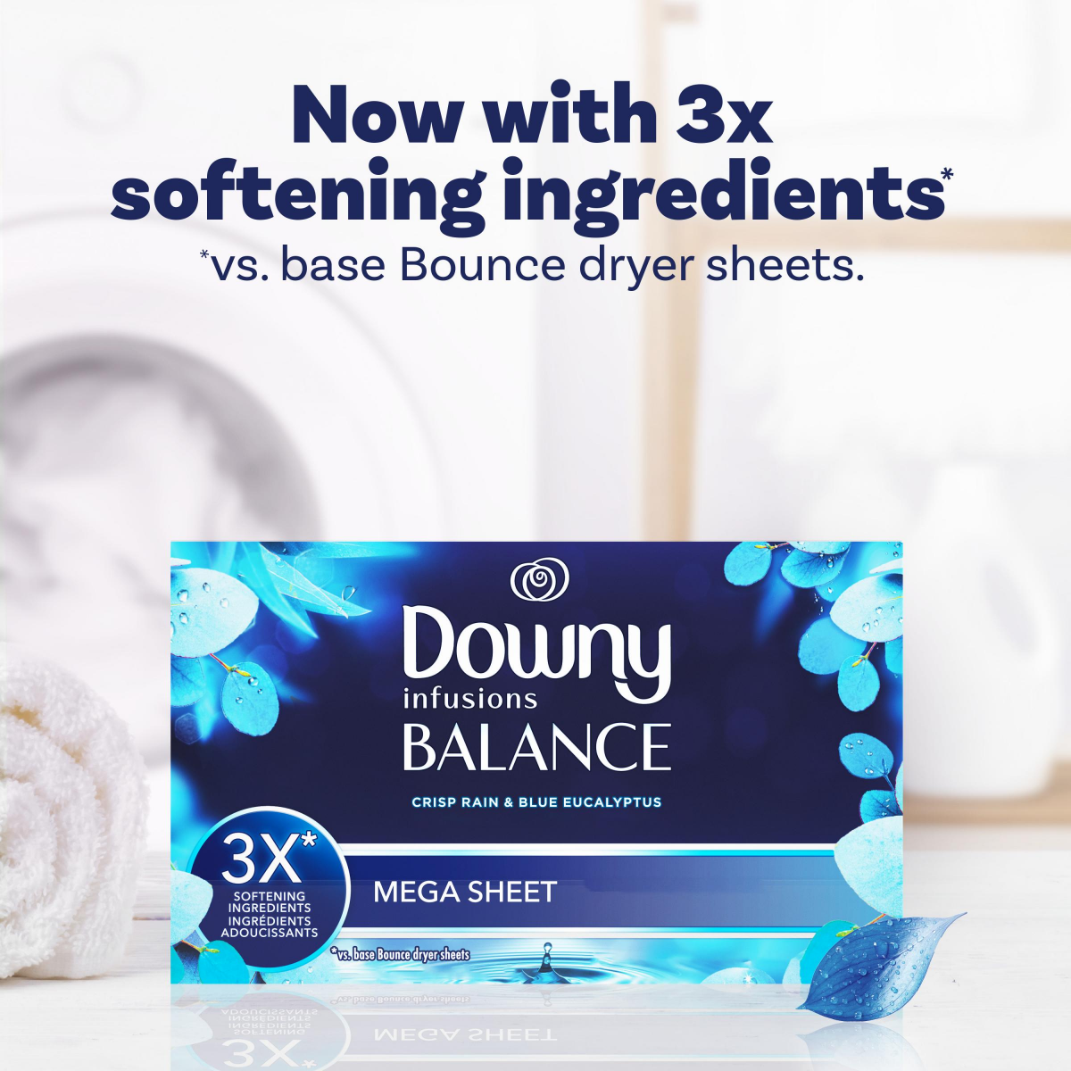 slide 6 of 8, Downy Infusions Mega Dryer Sheets, Laundry Fabric Softener, BALANCE, Crisp Rain and Blue Eucalyptus, 80 Count, 80 ct