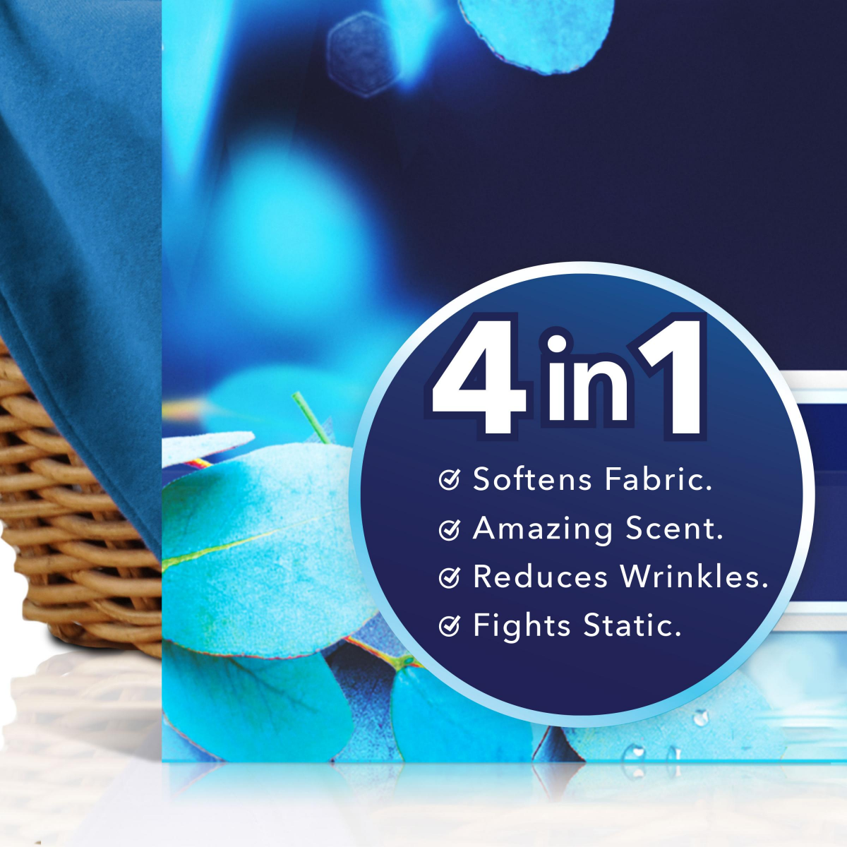 slide 3 of 8, Downy Infusions Mega Dryer Sheets, Laundry Fabric Softener, BALANCE, Crisp Rain and Blue Eucalyptus, 80 Count, 80 ct