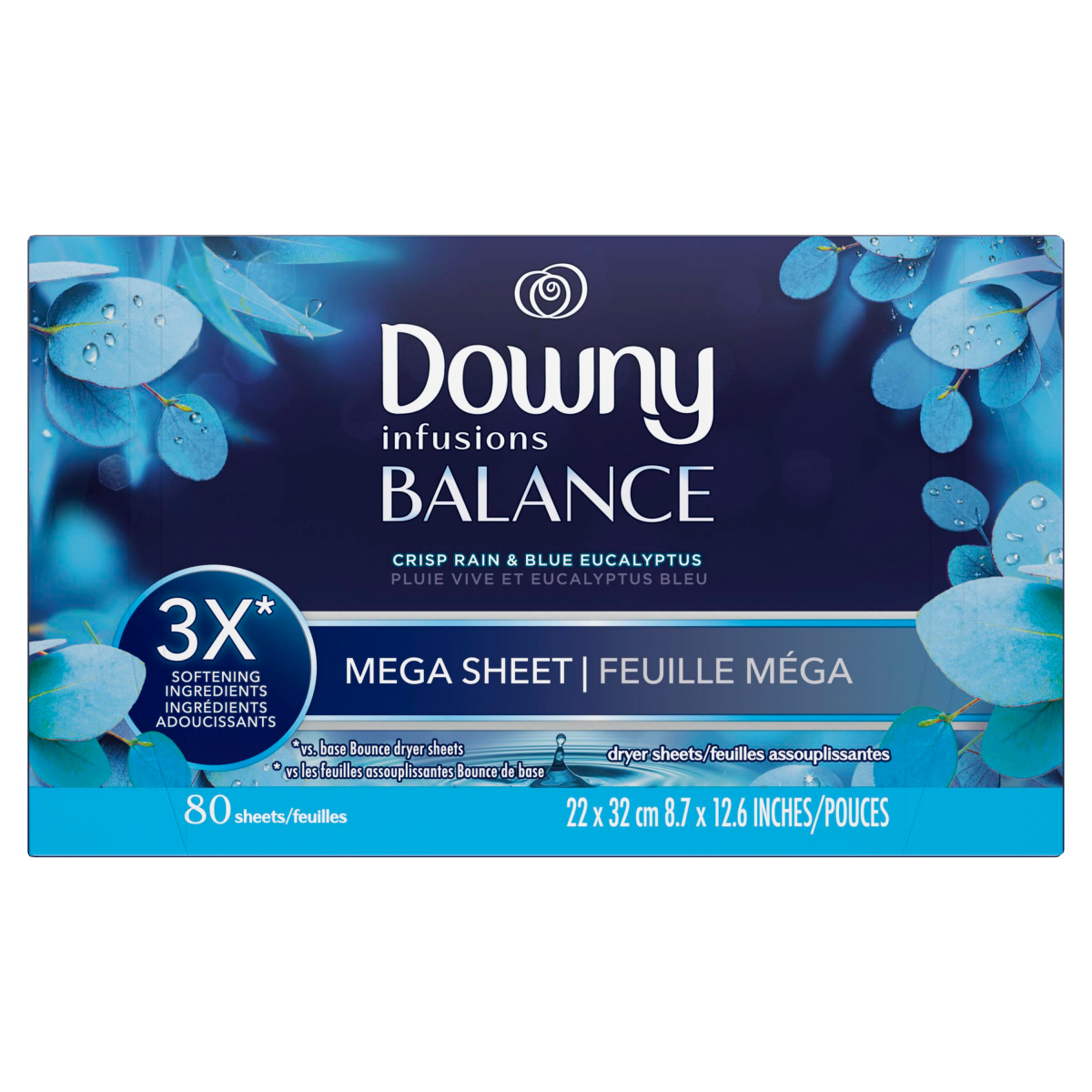 slide 8 of 8, Downy Infusions Mega Dryer Sheets, Laundry Fabric Softener, BALANCE, Crisp Rain and Blue Eucalyptus, 80 Count, 80 ct