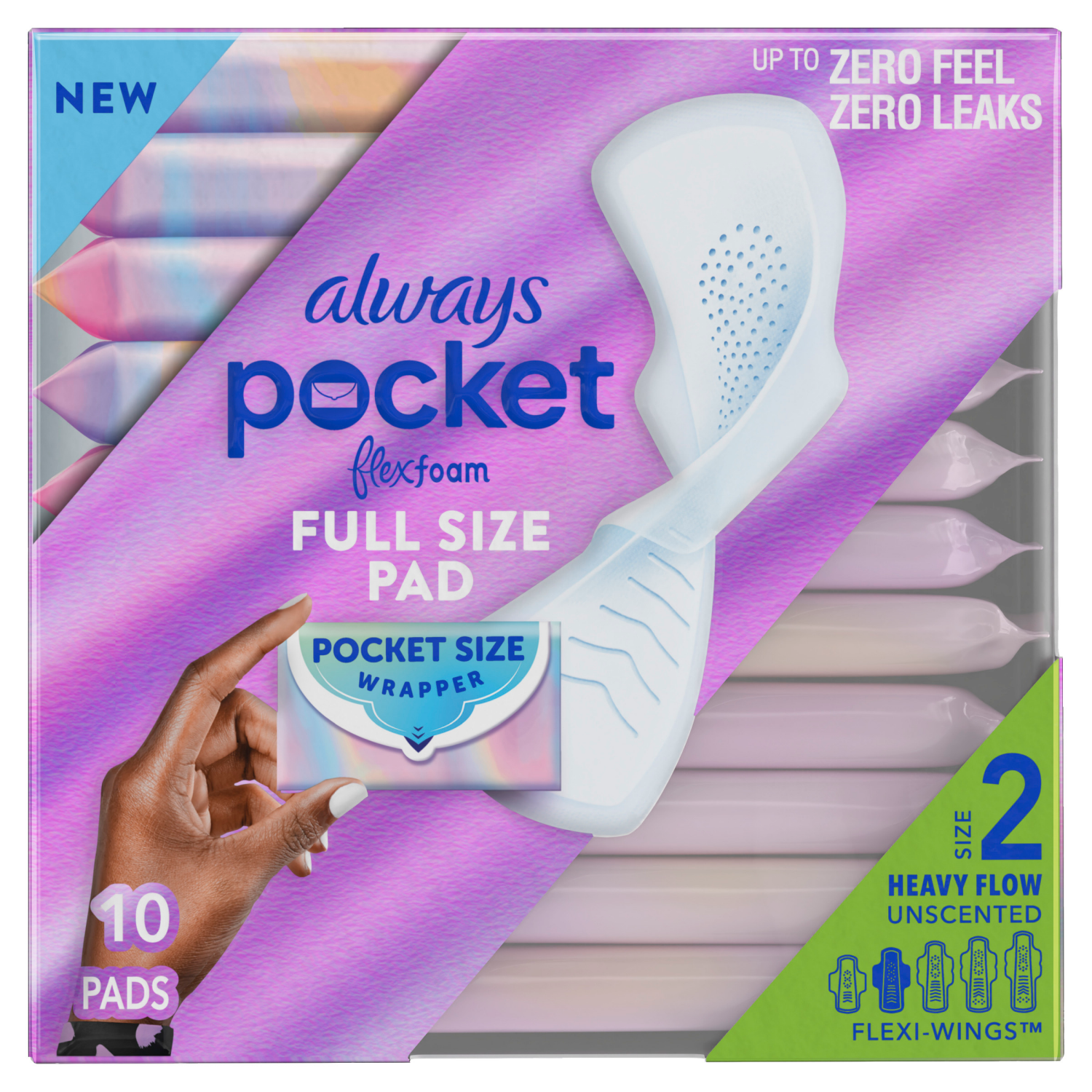 slide 3 of 8, Always Pocket Feminine Pads with FlexFoam, Size 2, Heavy Flow, with Wings, Unscented, 10 Count, 10 ct