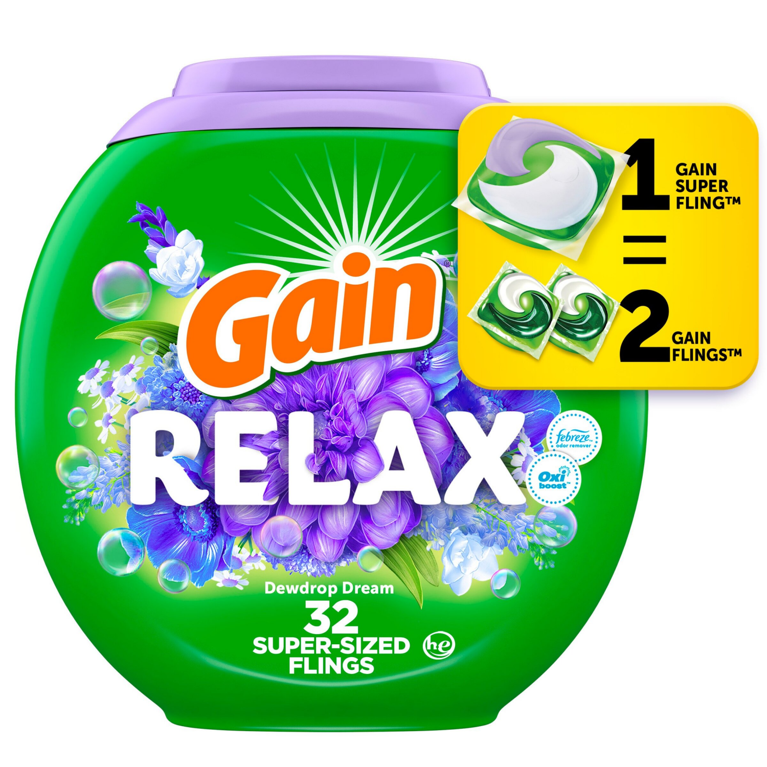 slide 1 of 5, Gain Super Sized Flings Laundry Detergent Pacs, 32 Count, Dewdrop Dream Scent, 32 ct