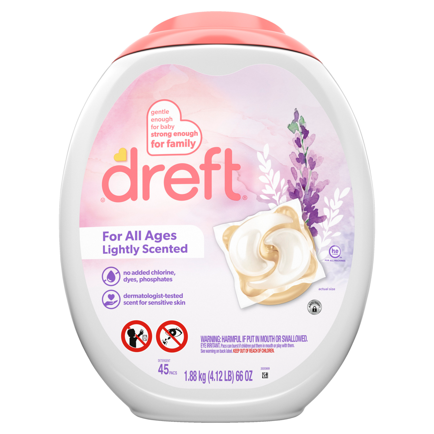 slide 4 of 5, Dreft Laundry Detergent Pacs, Lightly Scented, Lavender, For Baby and Family, XL Pacs, 45 ct