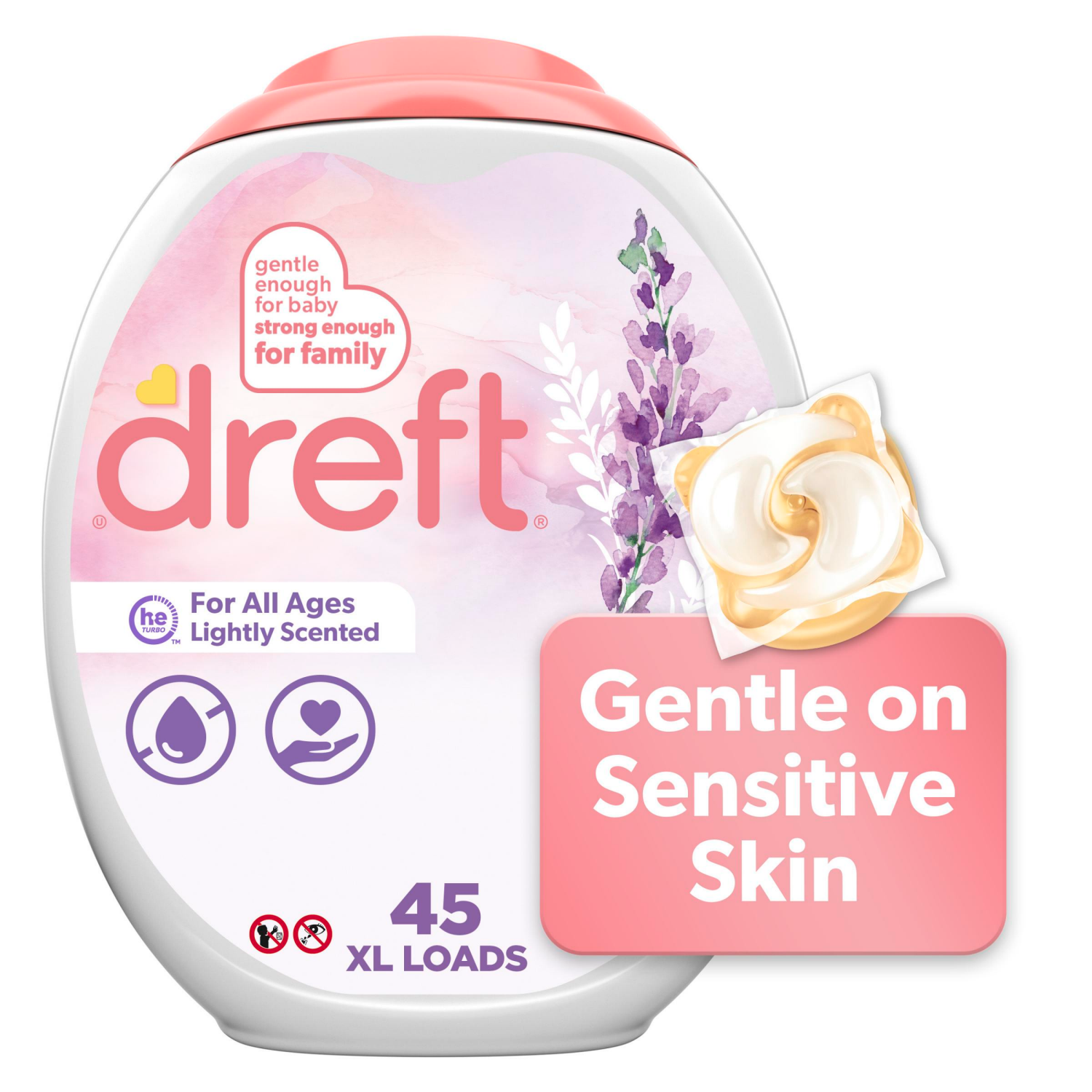 slide 1 of 5, Dreft Laundry Detergent Pacs, Lightly Scented, Lavender, For Baby and Family, XL Pacs, 45 ct