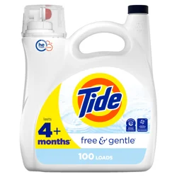 Tide Free & Gentle Liquid Laundry Detergent, 100 Loads, 132 fl oz, Tide Laundry Detergent, Clean Laundry Detergent