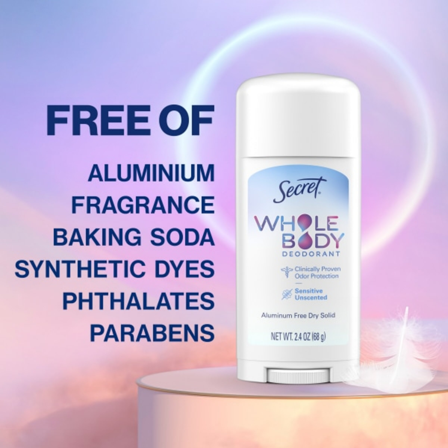 slide 4 of 8, Secret Aluminum Free Dry Solid Sensitive Whole Body Unscented Deodorant 2.4 oz, 2.4 oz