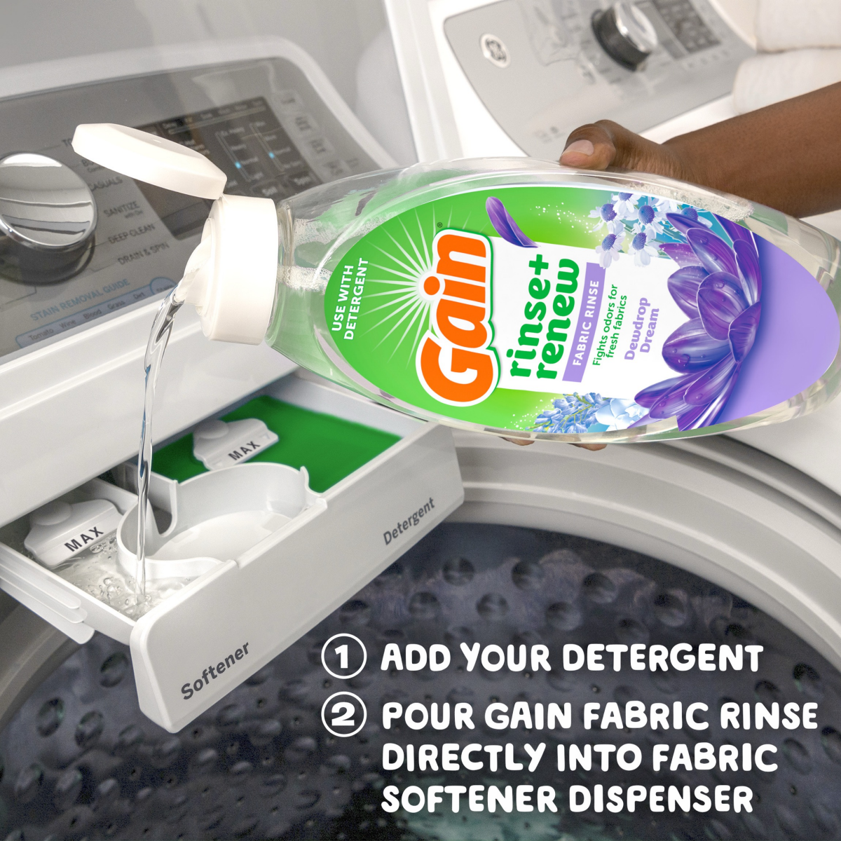slide 3 of 5, Gain Rinse and Renew Fabric Rinse, Dewdrop Dream, 48 fl oz, Odor Fighter, 48 fl oz