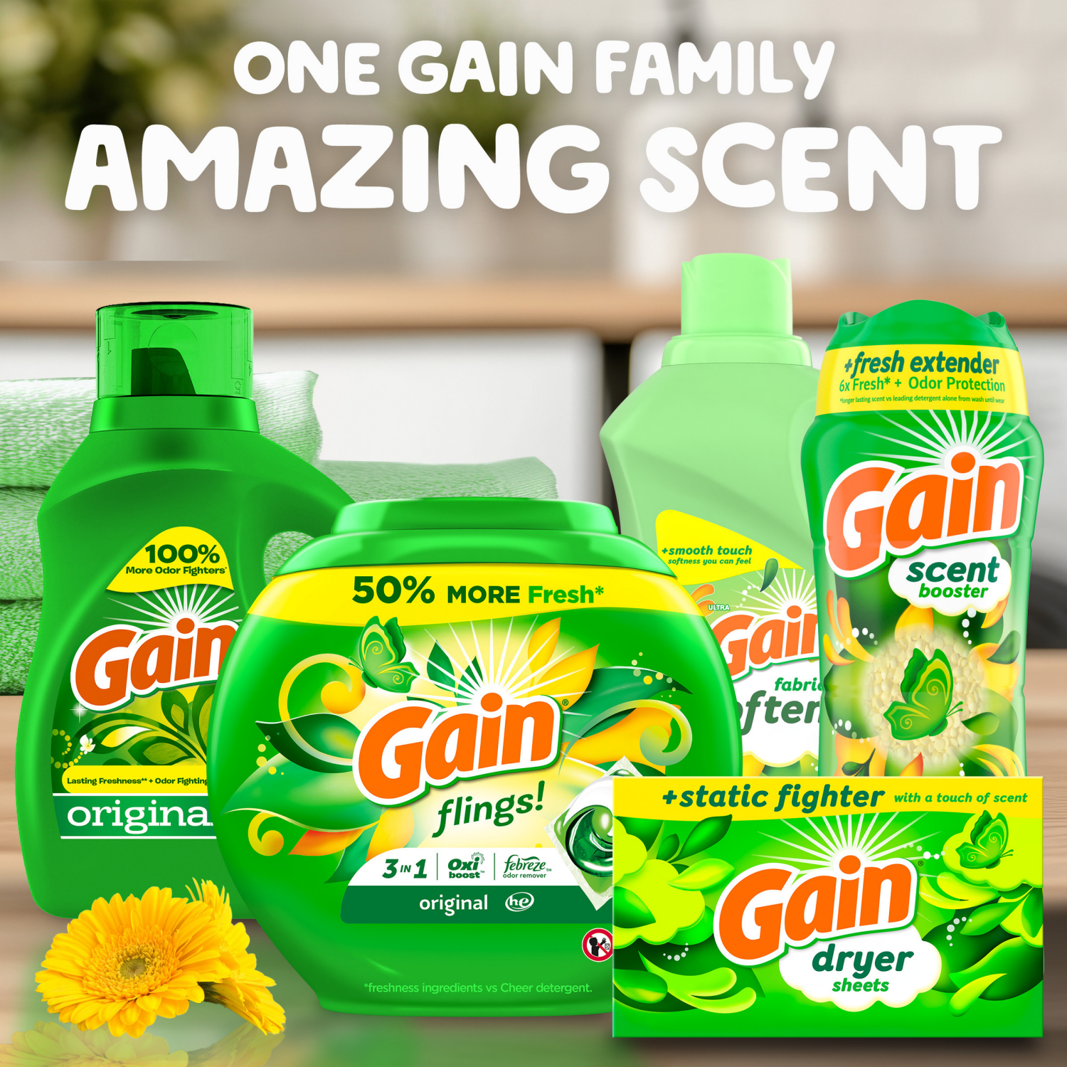 slide 3 of 5, Gain In-Wash Laundry Scent Booster, Original Scent, 30.1 OZ, Fresh Extender + Odor Protection, 30.1 oz