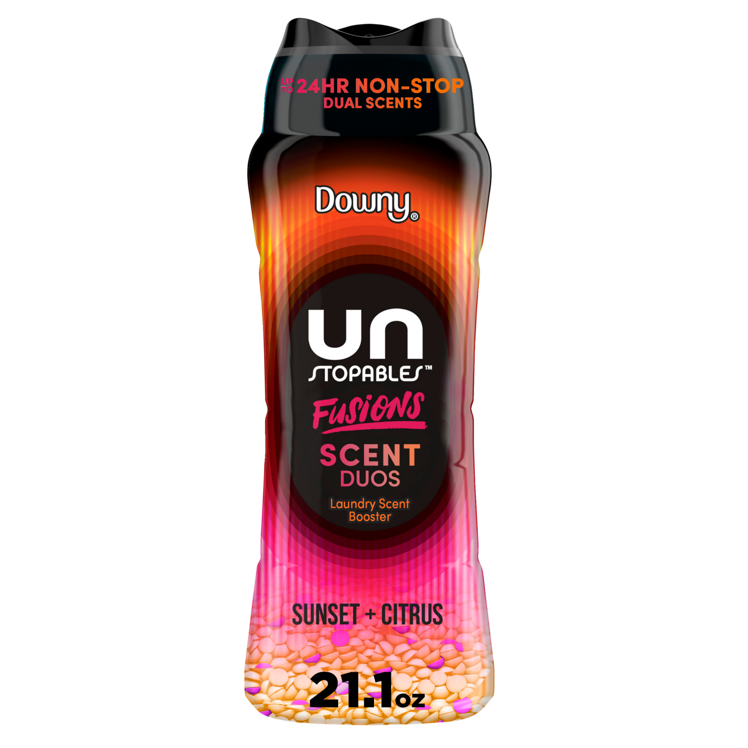 slide 1 of 5, Downy Unstopables Fusions In-Wash Laundry Scent Booster Beads, Sunset and Citrus Scent, 21.1 oz, 2-in-1 All Day Freshness, 21.1 oz