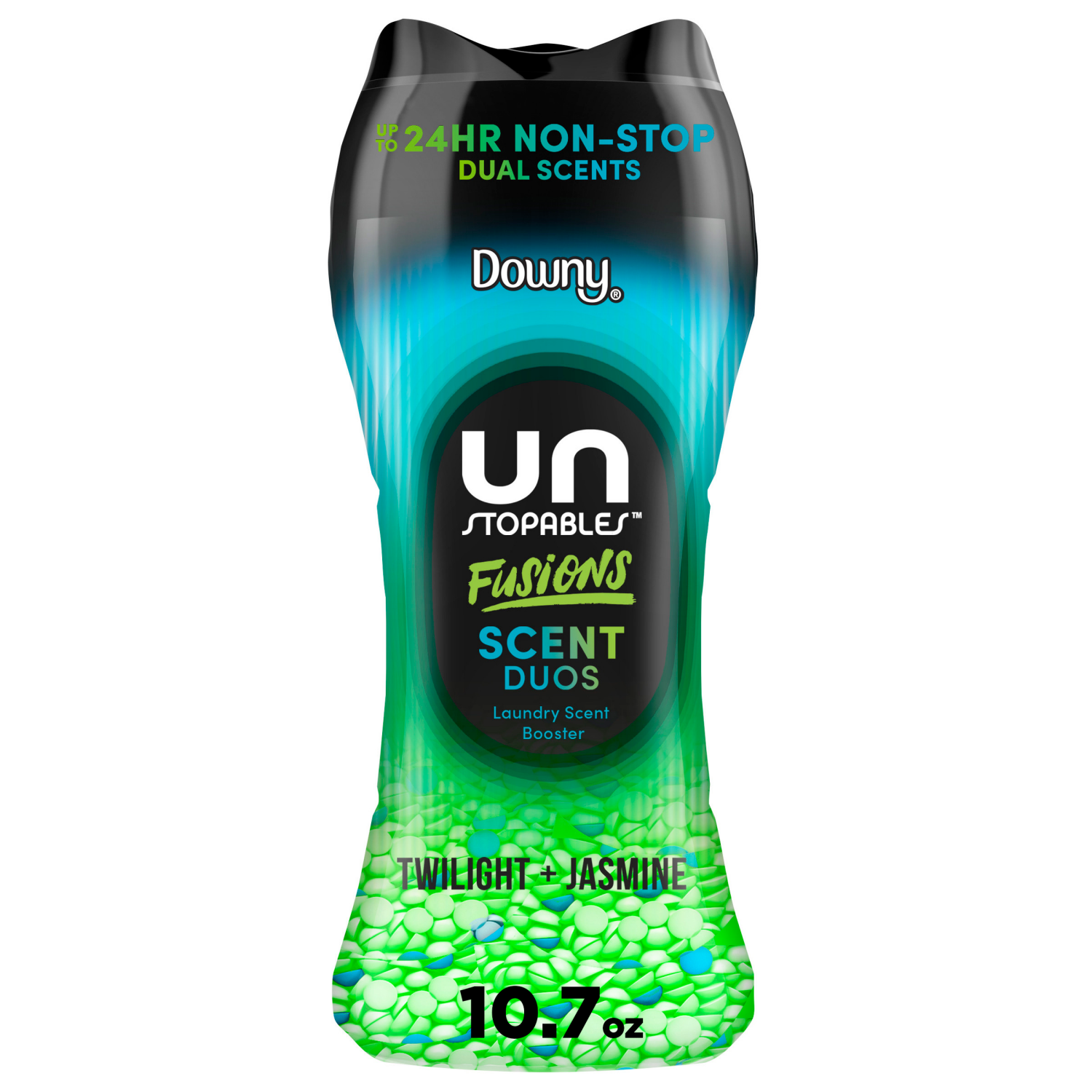 slide 1 of 5, Downy Unstopables Fusions Scent Duos Laundry Scent Booster Beads, Twilight and Jasmine Scent, 10.7 OZ, 24hr non-stop freshness with 2 in 1 dual scent laundry scent beads, 10.7 oz