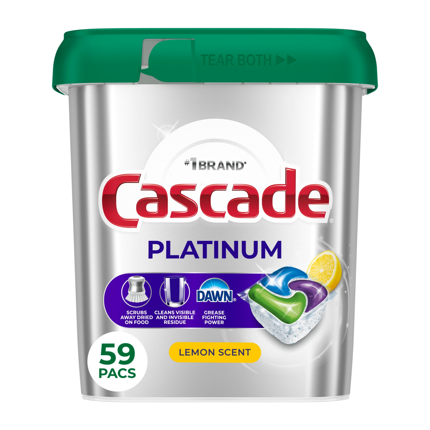 slide 1 of 8, Cascade Platinum Dishwasher Pods, Dishwasher Detergent, Dish Detergent Soap, Lemon, 59 Count, 59 ct