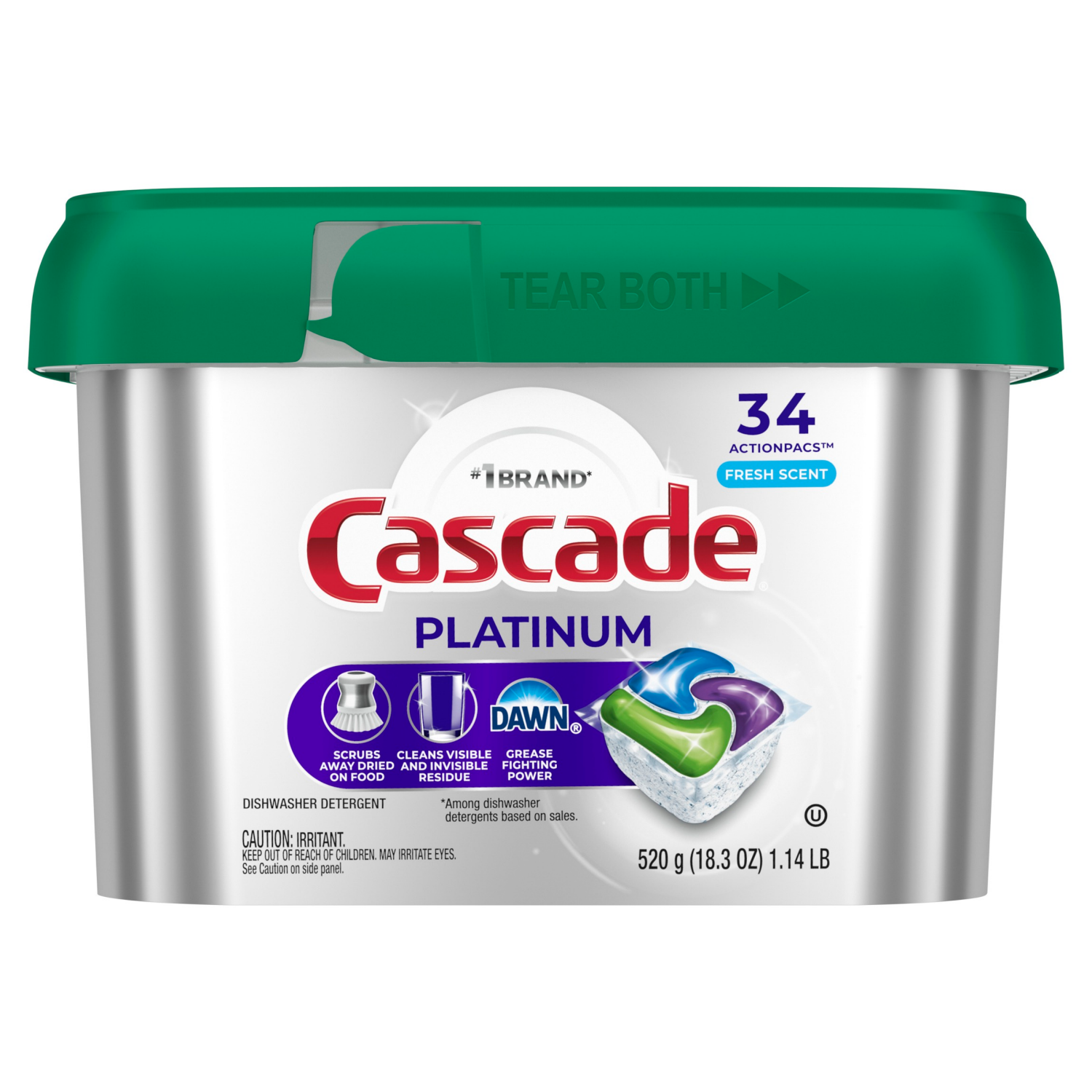 slide 3 of 8, Cascade Platinum Dishwasher Pods, Dishwasher Detergent, Dish Detergent Soap, Fresh, 34 Count, 34 ct