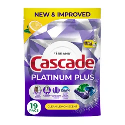 Cascade Platinum Plus Dishwasher Pods, Dishwasher Detergent, Dish Detergent Soap, Lemon, 19 Count